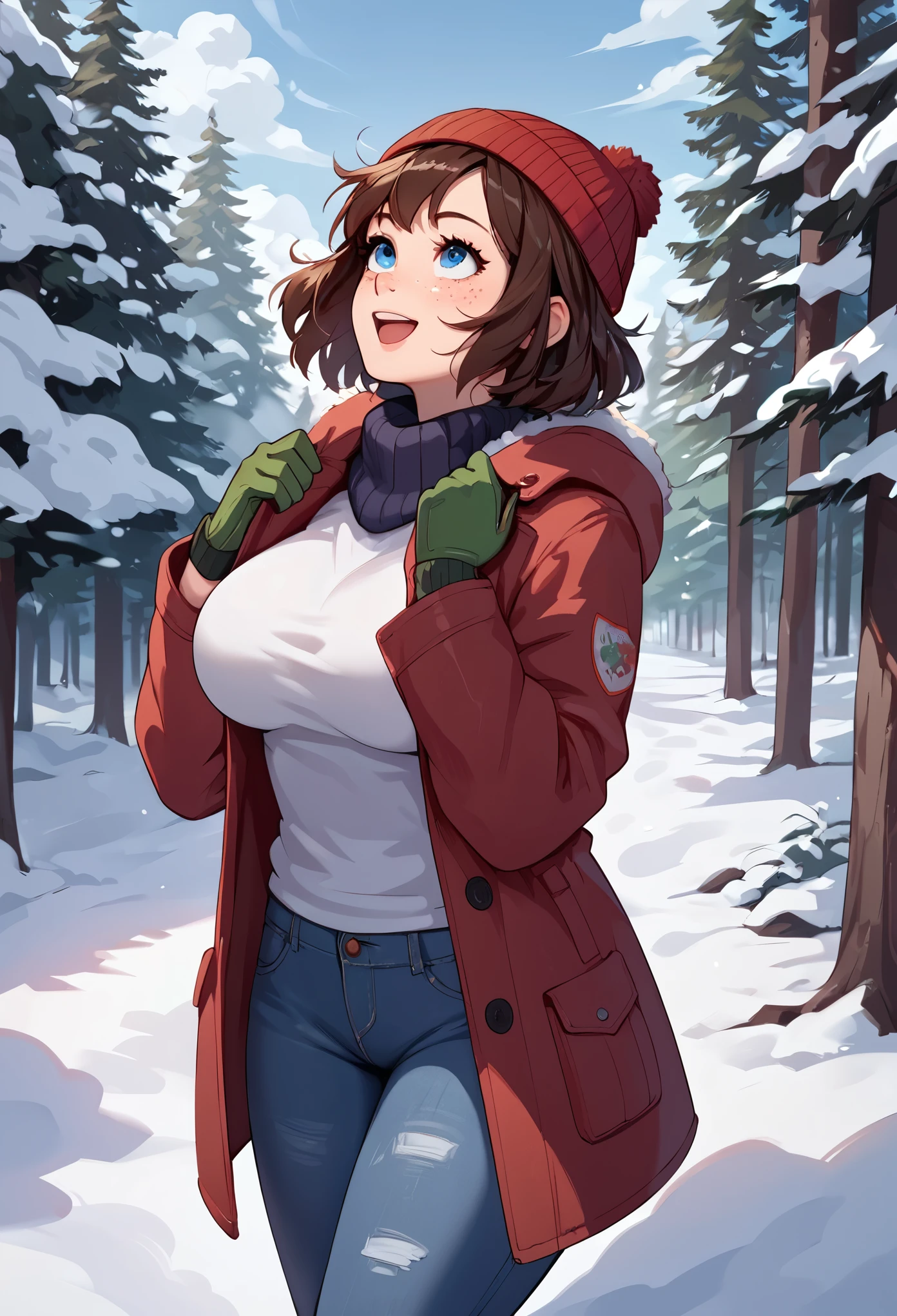 score_9_up, score_8_up, score_7_up, 1girl, solo, source_anime, hourglass figure, Big breasts, kemonomimi, bear ears, brown hair, short hair, messy_hair, blue eyes BREAK freckles, winter coat, red coat, denim pants, red beanie, green gloves, outdoors, snow, snow forest, snow trees, falling snow, cloudy sky, standing, looking up, head up, smile, open mouth 