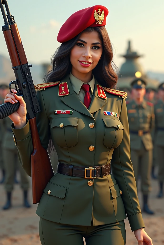 Best_QualityPos, RAW photo, intricate details, best quality, 8k uhd, soft lighting, 1girl, solo, gina carano, brown eyes, long hair, black hair, (military uniform:1.2), red hat <lora:Gina_Carano:0.7>
