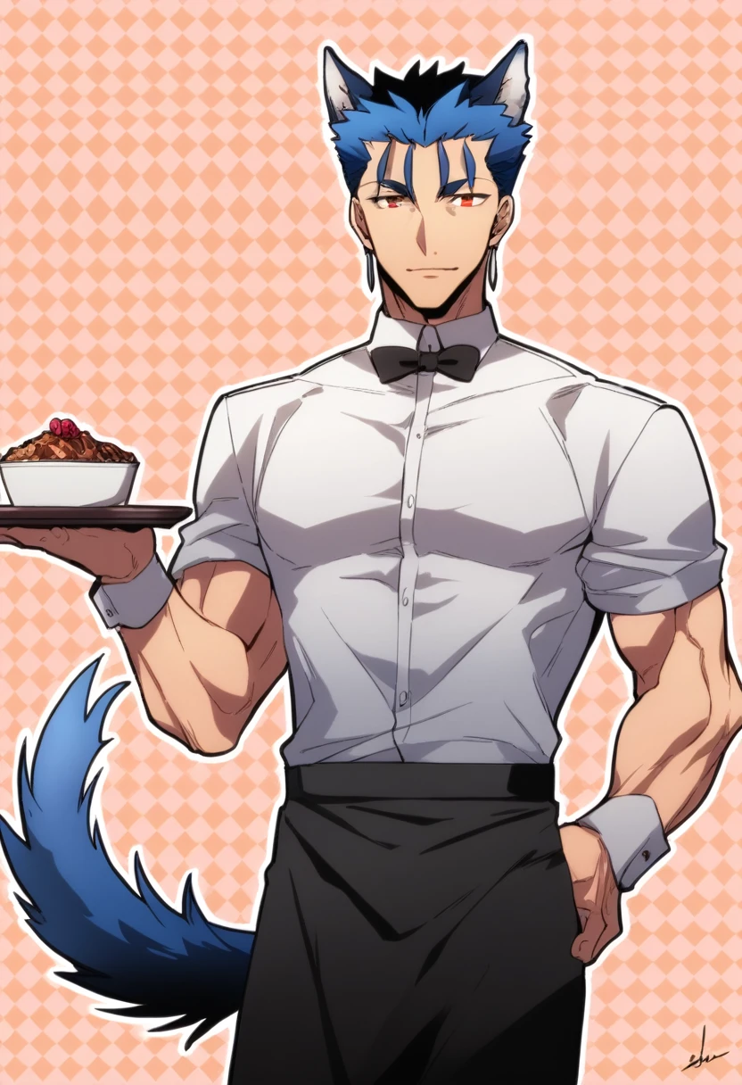 cu Chulainn Lancer blue dressed as a waiter with a good, slightly muscular body with red anime eyes with a tail and wolf ears with a flirtatious look.