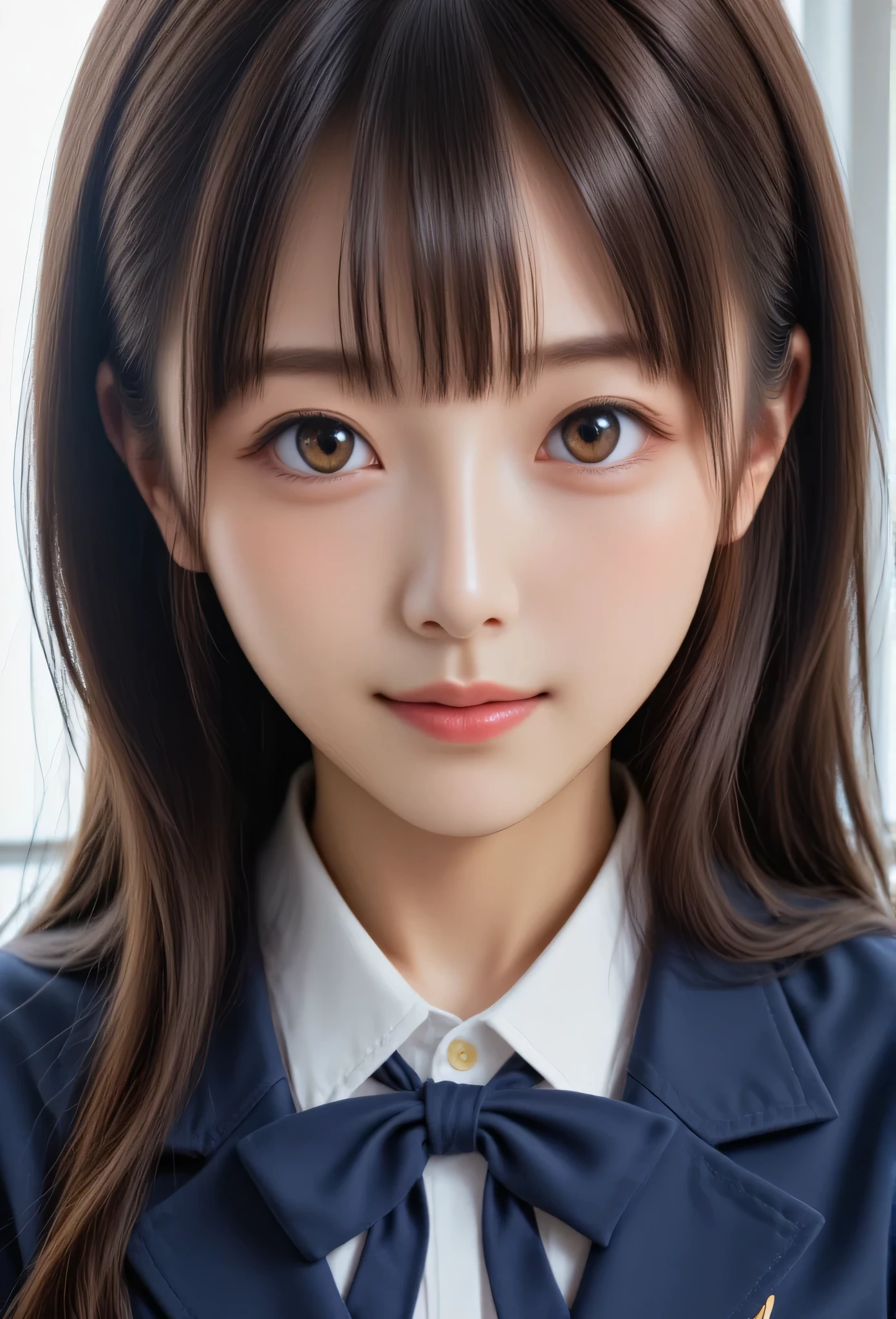 (masterpiece:1.3)、Super detailed finish、(High resolution、8k:1.3)、highest quality、(Super realistic like a photo:1.3), The face is in focus、(close up on face:1.3)、 ultra high definition face、Face is in focus、Ultra high definition and beautiful eyes、(focused eyes:1.3)、(Eyes are symmetrical:1.3)、High-definition and beautiful skin、firm skin、Ultra high definition hair texture、Japanese high school girl、16 years old、very cute, half updo:1.2, sailor suit, (classroom), (very embarrassed:1.3), blush:1.3, Mr.々shooting angle:1.3, (looking at viewer:1.3), 