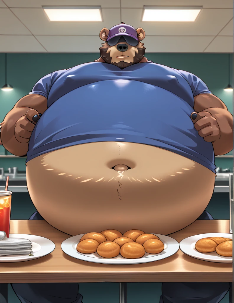 Nsfw, anthro daddy bear, male, brown fur color, beard, purple cap covering eyes, inflating, hyper belly, bulge, at all you can eat buffet, close up, frontview, kokuhane artstyle, bigger belly, ((fatter belly)),  ((aroused)), ((tight shirt)), ((horny)), ((sitting leaned back)), ((many empty plates around him)), ((tight button shirt)), ((more empty plates)), ((hyper belly)), fattest gut on earth, ((tight belt))