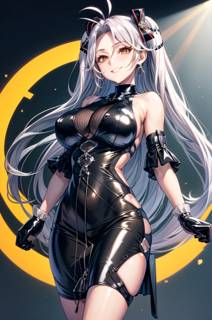 8k, highres, ultra detailed, (masterpiece:1.4), best quality, symmetrical body, (tight latex dress:1.4), cute, solo, earrings, long hair, ponytails, white hair, orange eyes, glow effect, finely eye, grinning, wide smile, detailed face, looking at viewer, smilling at viewer, office, standing, angled view, big breasts, teasing, seductive look