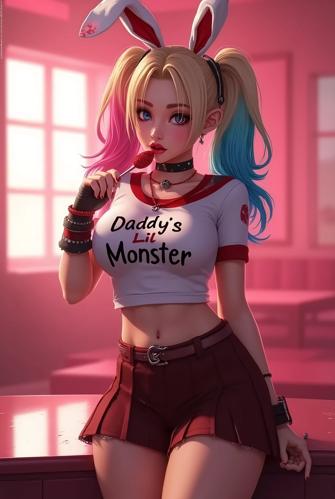 ((highest quality)), ((masterpiece)), ((be familiar with)), ((Margot Robbie)), (Harley Quinn), Perfect Face、8K、Accurate、Wet hair、bathing in on the face、(On all fours)、realistic tongue、White skin、Accurate指の描写、(Voluptuous body)、Large Breasts、Narrow waist、glamorous、Wearing a choker、TATTOO、(Pudding tattoo on chest)、Cinematic, (Complex:1.4), Low contrast、NSFW, 1boy, 1penis, ????? with protruding blood vessels、Thick ?????、Realistic ?????、REAL glans, REAL tip, NSFW, (deepthroat:1.6), fellatio, Blowjob、Blowjob face、blow Job, Side lighting, Best Shadow, Special effects、(projectile cum:1.3), (excessive cum:1.2), (cum on face), cum on brest, cum on tongue、Side view