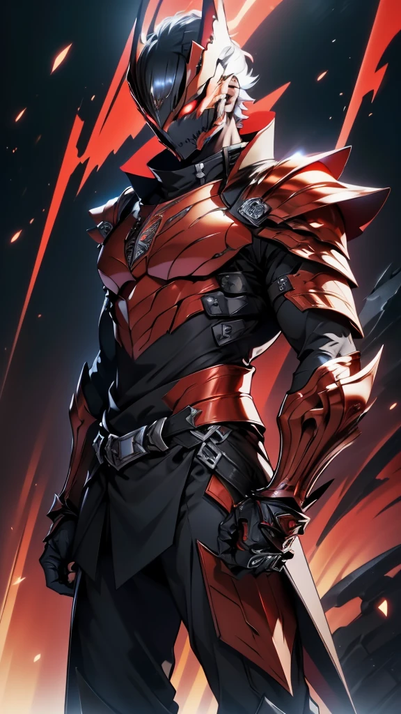 It’s a man. The image presents a dark, futuristic armor designed for Ken Kaneki, blending sleek tactical elements with a predatory appearance. The armor reflects his duality as both human and ghoul.

Helmet: The helmet is sleek black with sharp lines. A glowing red eye slit pierces through the visor, and the mouthpiece mimics Kaneki's ghoul mask, with jagged teeth adding a monstrous touch.

Mantle Plates (Shoulder Guards): The shoulder guards are close to the chest, curving toward the shoulders in a streamlined fashion. They feature black metallic surfaces with crimson veins, hinting at Kaneki’s ghoul power.

Chest Plate: The segmented chest plate has angular lines in black and red. A faint red glow emanates from the center, symbolizing his transformation. The design is protective and savage, mirroring his internal conflict.

Arm Guards: The arm guards are sleek, with articulated segments for flexibility. The gauntlets have claw-like extensions, giving them a predatory feel, as if part of Kaneki’s kagune.

Leg Armor: The legs are armored with black plates streaked with red veins. The boots are sharp and angular, built for speed and agility, reinforcing Kaneki’s deadly precision.

High Collar: A high collar rises from the back and sides, tightly encircling the neck. It integrates with the mantle plates, enhancing the armor’s menacing look.

Background: Set against a dark, foggy backdrop, with Tokyo’s skyline faintly visible. Red lighting emphasizes key features, such as the glowing eye slit and chest, reinforcing Kaneki’s ominous, ghoul-like presence.