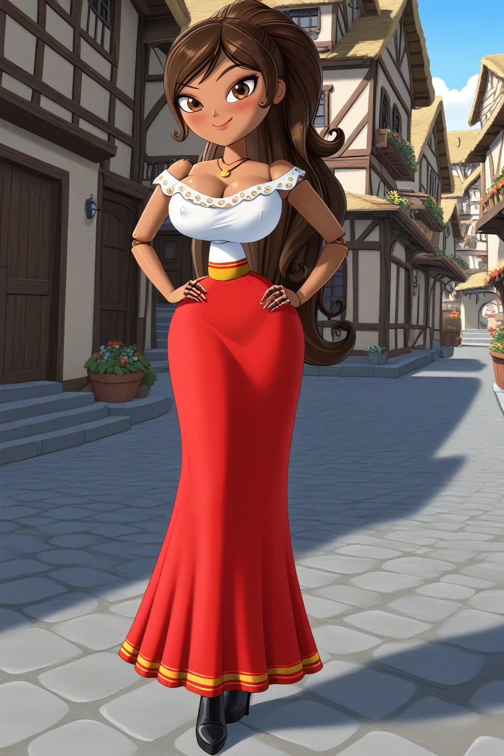 1girl, long hair, ponytail, joints, dark skin, Brown Hair, village, day, embarrassed face, smile, super blushing, Big breasts, dark skin, solo, 1 girl, looking at viwer, front view, standing, wood skin, necklace, cleavage, bare shoulders, off shoulder, white blouse, red skirt, Long skirt, black boots heels, Brown skin, pov front view, front view, sexy body, shushing, front view, pov front view, dark areole, One breast out of dress