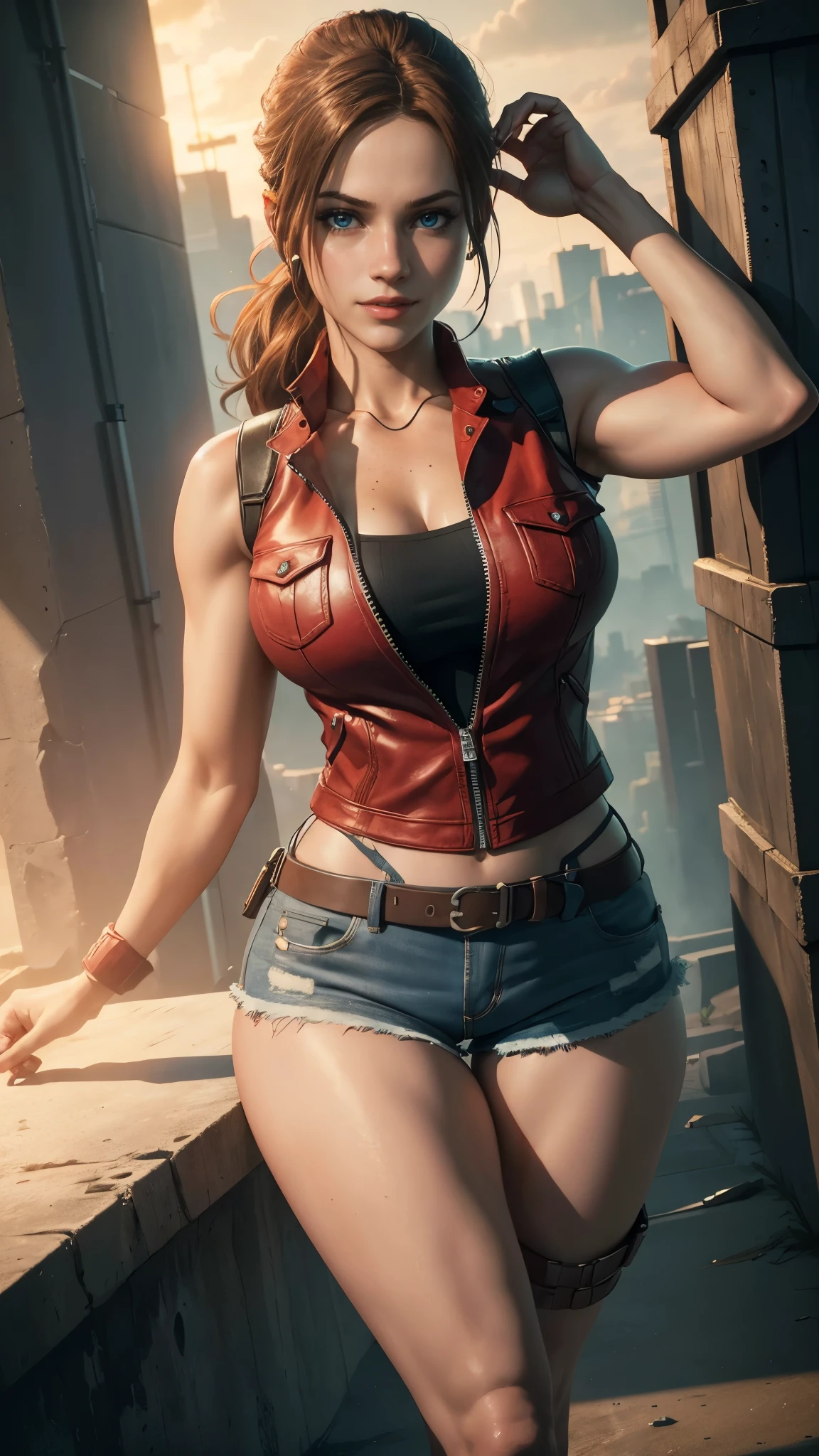 Claire redfield da resident evil,(best quality, 4K,8k,high resolution,work of art:1.2)(weather: sunset), city ruins background, police station, wide hips, long curly hair, short ponytail hair, brown hair, freckles, sleeveless top, short sleeve red jacket, blue denim shorts, pantyhose, harness, tall boots, light makeup, dark eyeshadow, flirting pose, ultra detailed,portrait,realistic,beautiful detailed blue eyes, beautiful detailed lips,extremely detailed eye and face, long eyelashes,average, large breasts,flying hair,beaming smile, sexy smile, powerful girl, bright coloured, dramatic lighting, smoke,