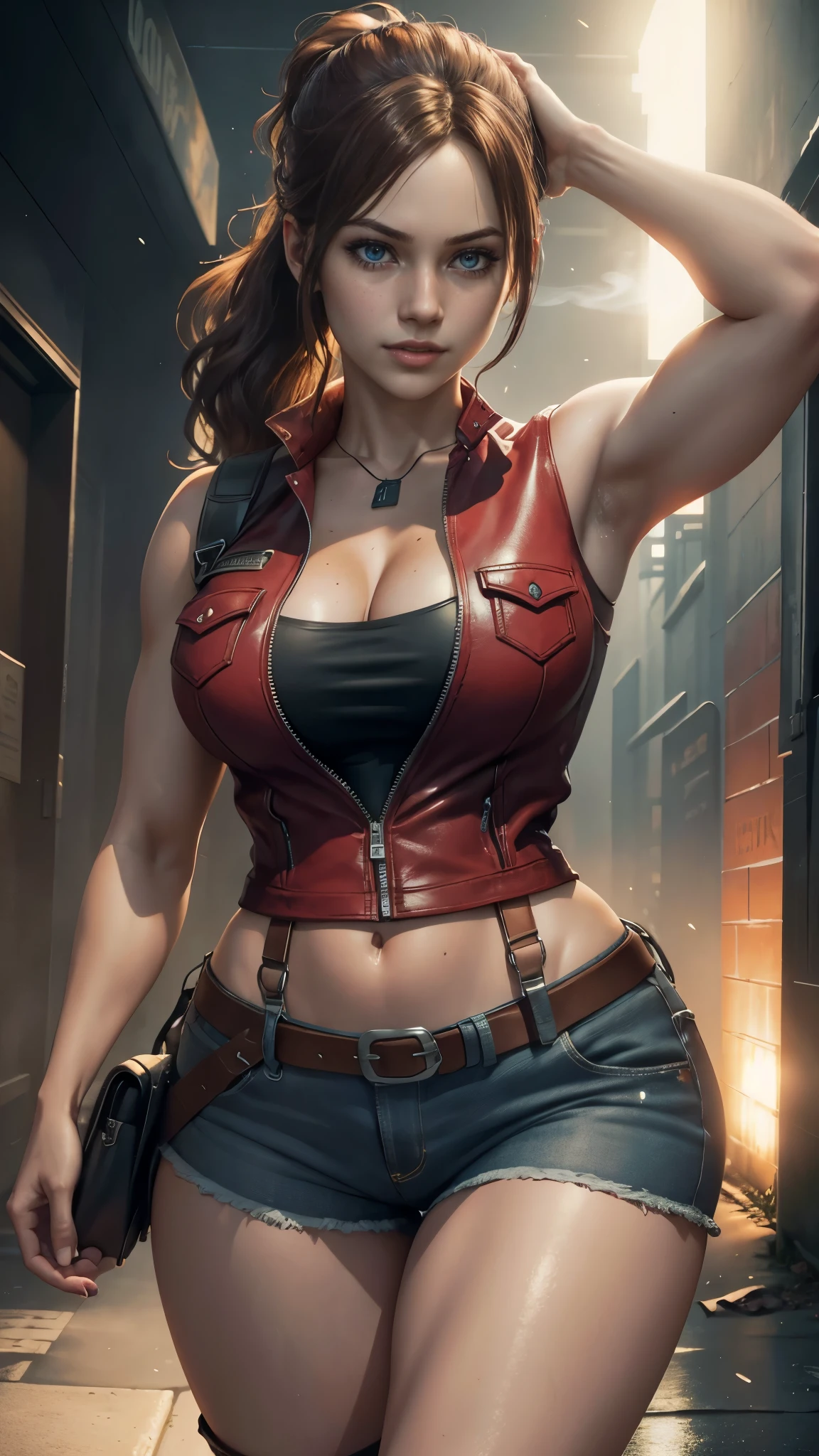 Claire redfield da resident evil,(best quality, 4K,8k,high resolution,work of art:1.2)(weather: sunset), city ruins background, police station, wide hips, long curly hair, short ponytail hair, brown hair, freckles, sleeveless top, short sleeve red jacket, blue denim shorts, pantyhose, harness, tall boots, light makeup, dark eyeshadow, flirting pose, ultra detailed,portrait,realistic,beautiful detailed blue eyes, beautiful detailed lips,extremely detailed eye and face, long eyelashes,average, large breasts,flying hair,beaming smile, sexy smile, powerful girl, bright coloured, dramatic lighting, smoke,