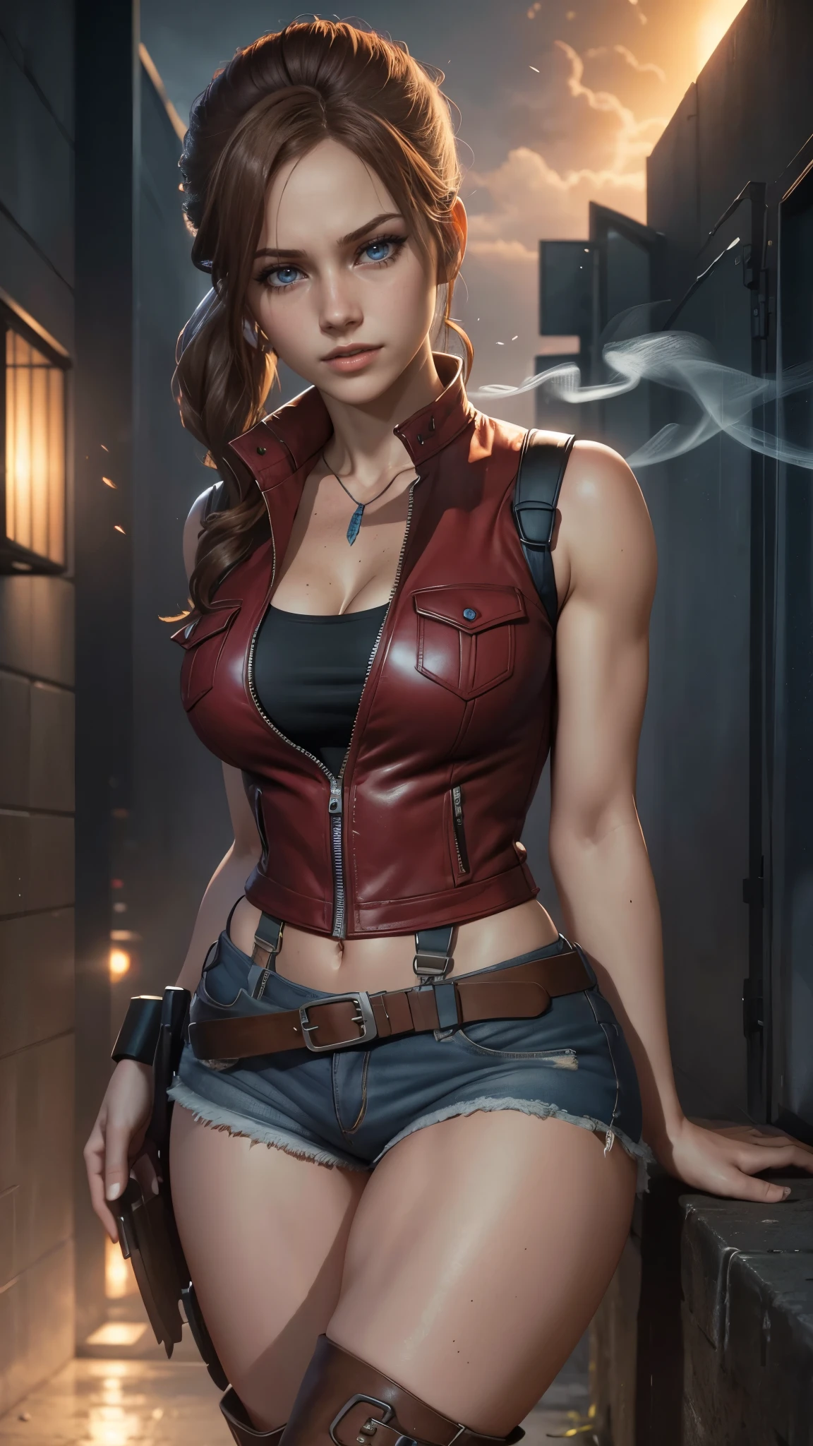 Claire redfield da resident evil,(best quality, 4K,8k,high resolution,work of art:1.2)(weather: sunset), city ruins background, police station, wide hips, long curly hair, short ponytail hair, brown hair, freckles, sleeveless top, short sleeve red jacket, blue denim shorts, pantyhose, harness, tall boots, light makeup, dark eyeshadow, flirting pose, ultra detailed,portrait,realistic,beautiful detailed blue eyes, beautiful detailed lips,extremely detailed eye and face, long eyelashes,average, large breasts,flying hair,beaming smile, sexy smile, powerful girl, bright coloured, dramatic lighting, smoke,