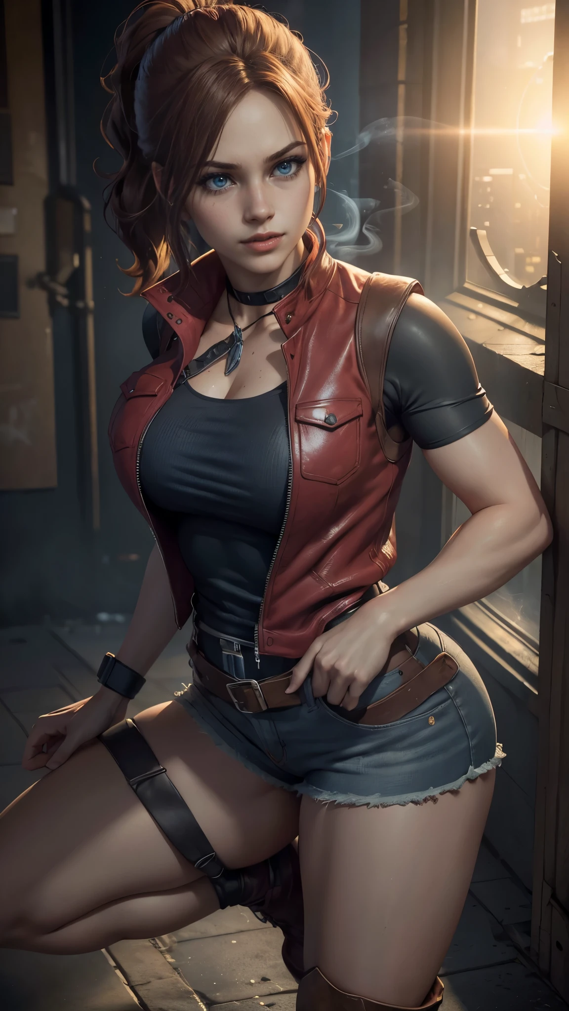 Claire redfield da resident evil,(best quality, 4K,8k,high resolution,work of art:1.2)(weather: sunset), city ruins background, police station, wide hips, long curly hair, short ponytail hair, brown hair, freckles, sleeveless top, short sleeve red jacket, blue denim shorts, pantyhose, harness, tall boots, light makeup, dark eyeshadow, flirting pose, ultra detailed,portrait,realistic,beautiful detailed blue eyes, beautiful detailed lips,extremely detailed eye and face, long eyelashes,average, large breasts,flying hair,beaming smile, sexy smile, powerful girl, bright coloured, dramatic lighting, smoke,