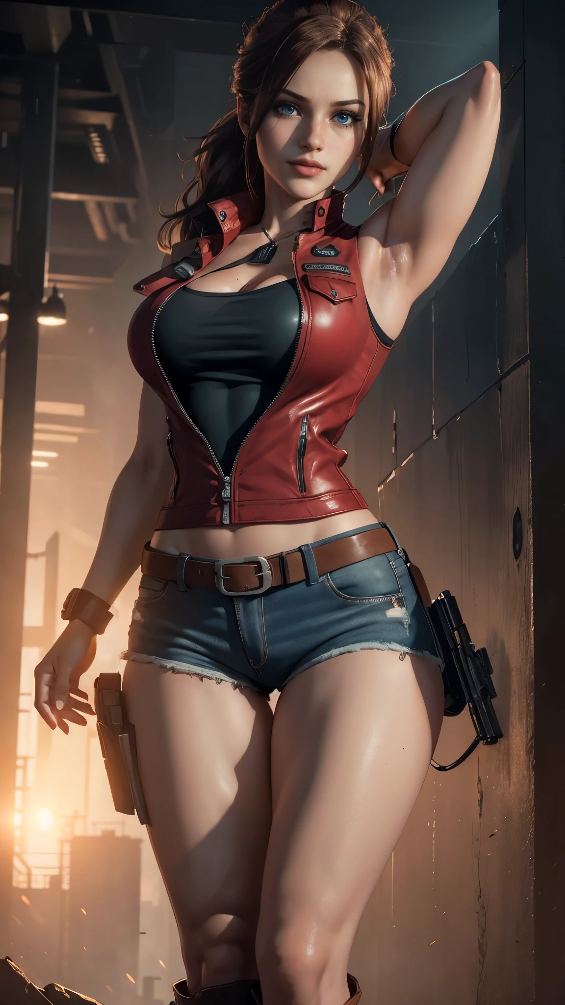 Claire redfield da resident evil,(best quality, 4K,8k,high resolution,work of art:1.2)(weather: sunset), city ruins background, police station, wide hips, long curly hair, short ponytail hair, brown hair, freckles, sleeveless top, short sleeve red jacket, blue denim shorts, bodysuit, harness, tall boots, fingerless gloves, light makeup, dark eyeshadow, flirting pose, ultra detailed,portrait,realistic,beautiful detailed blue eyes, beautiful detailed lips,extremely detailed eye and face, long eyelashes,average, large breasts,flying hair,beaming smile, sexy smile, powerful girl, bright coloured, dramatic lighting, smoke, magnum pistol,