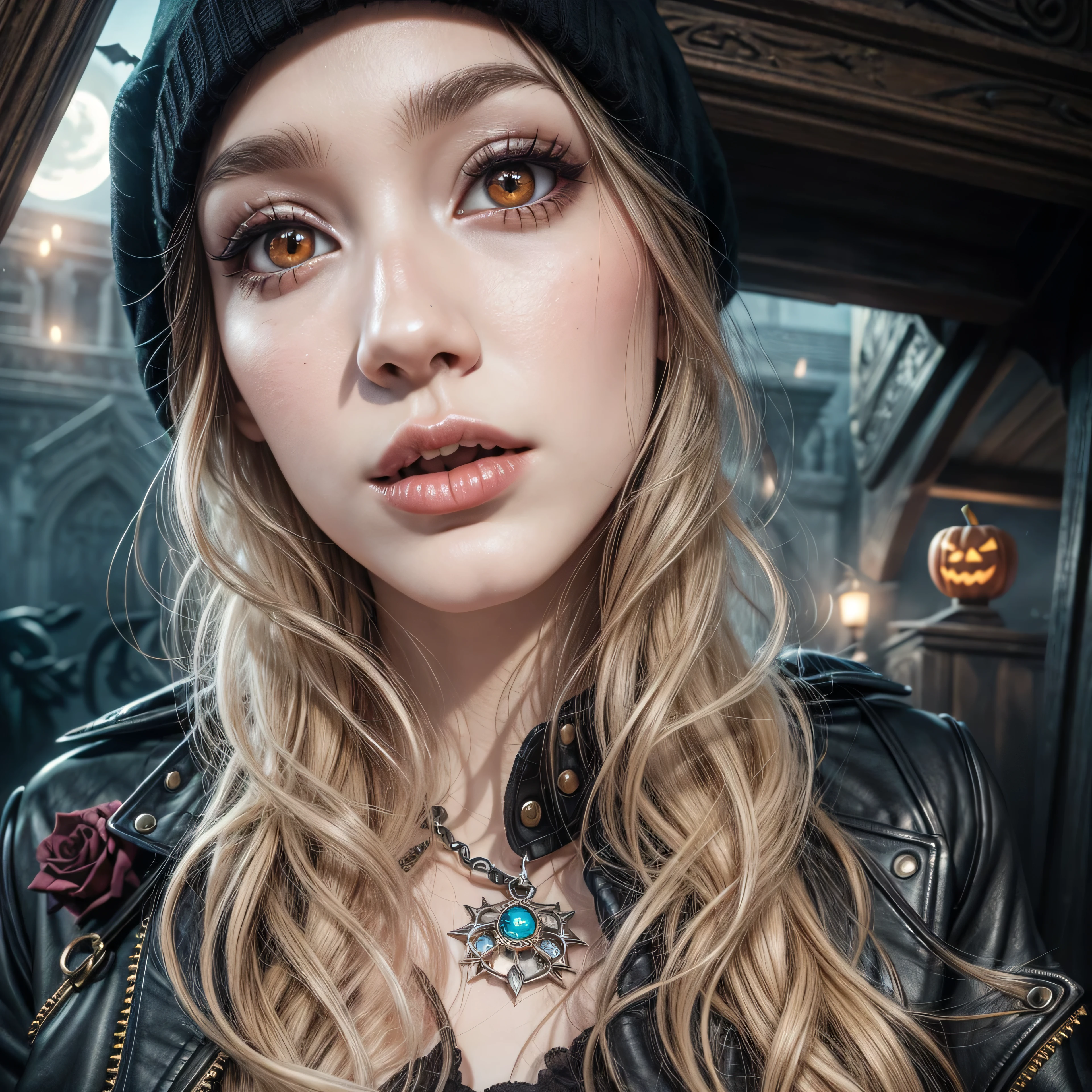 blond woman with long hair wearing a black leather jacket and a black beanie, looks a blend of grimes, with pale skin, portrait of kim petras, amouranth, looks like a mix of grimes, she looks like a mix of grimes, taken in the early 2020s, headshot profile picture, 19-year-old girl, pale glowing skin(masterpiece),(vampire),(unrivalled quality:1.4), ultra-high resolution,hyperrealistic, dark fantasy portrait, (sharp focus:1.1), photo of a vampire,gothic horror vibes, Guweiz-style art, dark fantasy mixed with realism, gothic aesthetic, gothic art style,HalloweenGlowStyle,red eyes,black lips,bats, gothic architectural style, full moon, moonlight,clean face