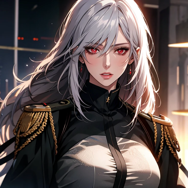 Realistic, Elegant woman, black military uniform, glowing red eyes, long white hair, soft light, high detailed, 4k resolution, high quality, beautiful cg