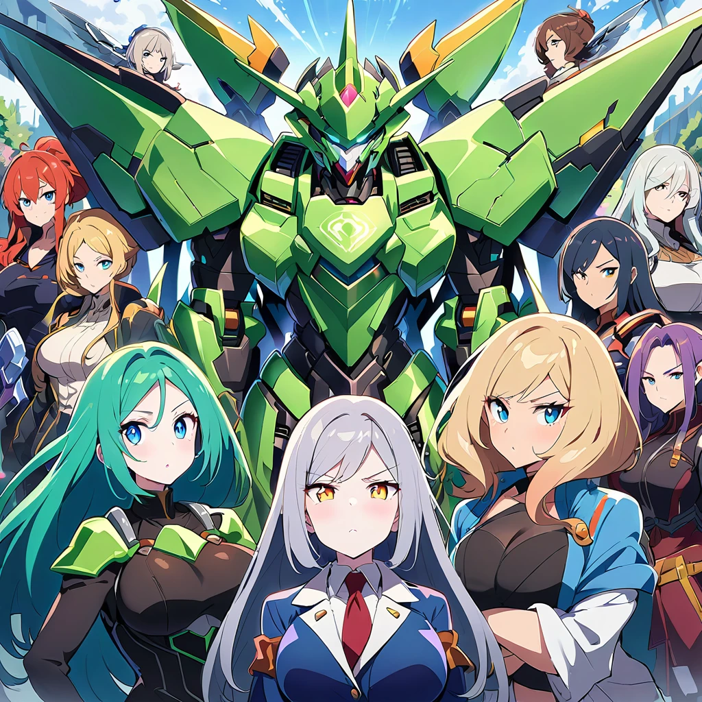 Anime, high detailed, multiple womans, mature womans, glassy-lighted green mecha armor, large mechanical wings, determined expression, large clawed Gauntlet, curvy body, long mechanical wings ,sheen aura、pale skin、blue Eyes, elongated pupils,  Mature Woman 、womans surrounding, sheen aura