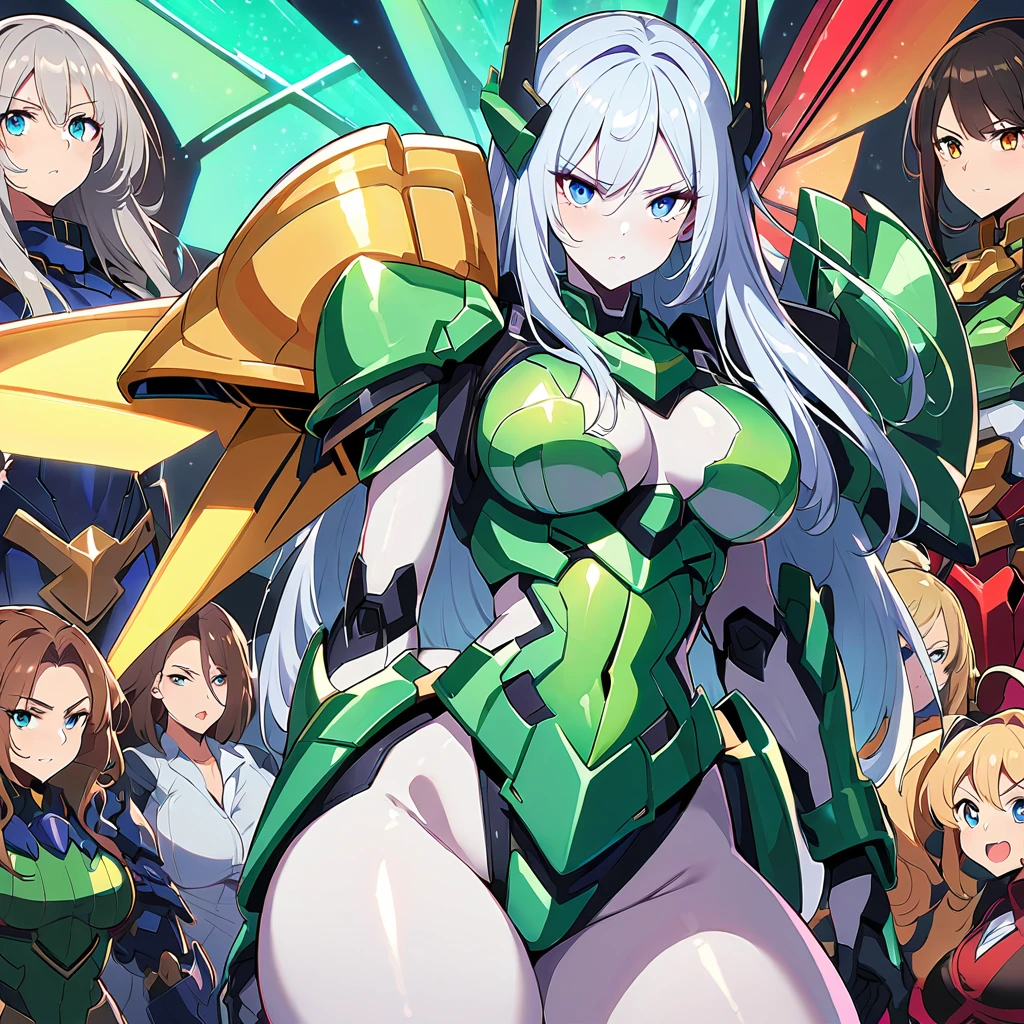 Anime, high detailed, multiple womans, mature womans, glassy-lighted green mecha armor, large mechanical wings, determined expression, large clawed Gauntlet, curvy body, long mechanical wings ,sheen aura、pale skin、blue Eyes, elongated pupils,  Mature Woman 、womans surrounding, sheen aura