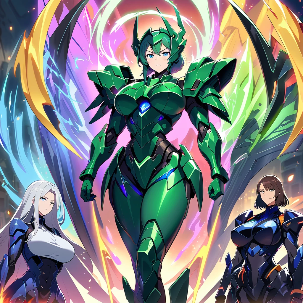 Anime, high detailed, multiple womans, mature womans, glassy-lighted green mecha armor, large mechanical wings, determined expression, large clawed Gauntlet, curvy body, long mechanical wings ,sheen aura、pale skin、blue Eyes, elongated pupils,  Mature Woman 、womans surrounding, sheen aura