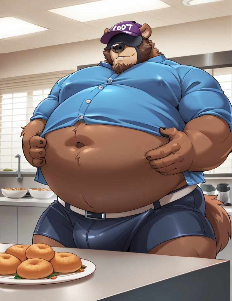 Nsfw, anthro daddy bear, male, brown fur color, beard, purple cap covering eyes, inflating, hyper belly, bulge, at all you can eat buffet, close up, frontview, kokuhane artstyle, bigger belly, ((fatter belly)),  ((aroused)), ((tight shirt)), ((horny)), ((sitting leaned back)), ((many empty plates around him)), ((tight button shirt)), ((more empty plates)), ((hyper belly)), fattest gut on earth, ((tight belt))