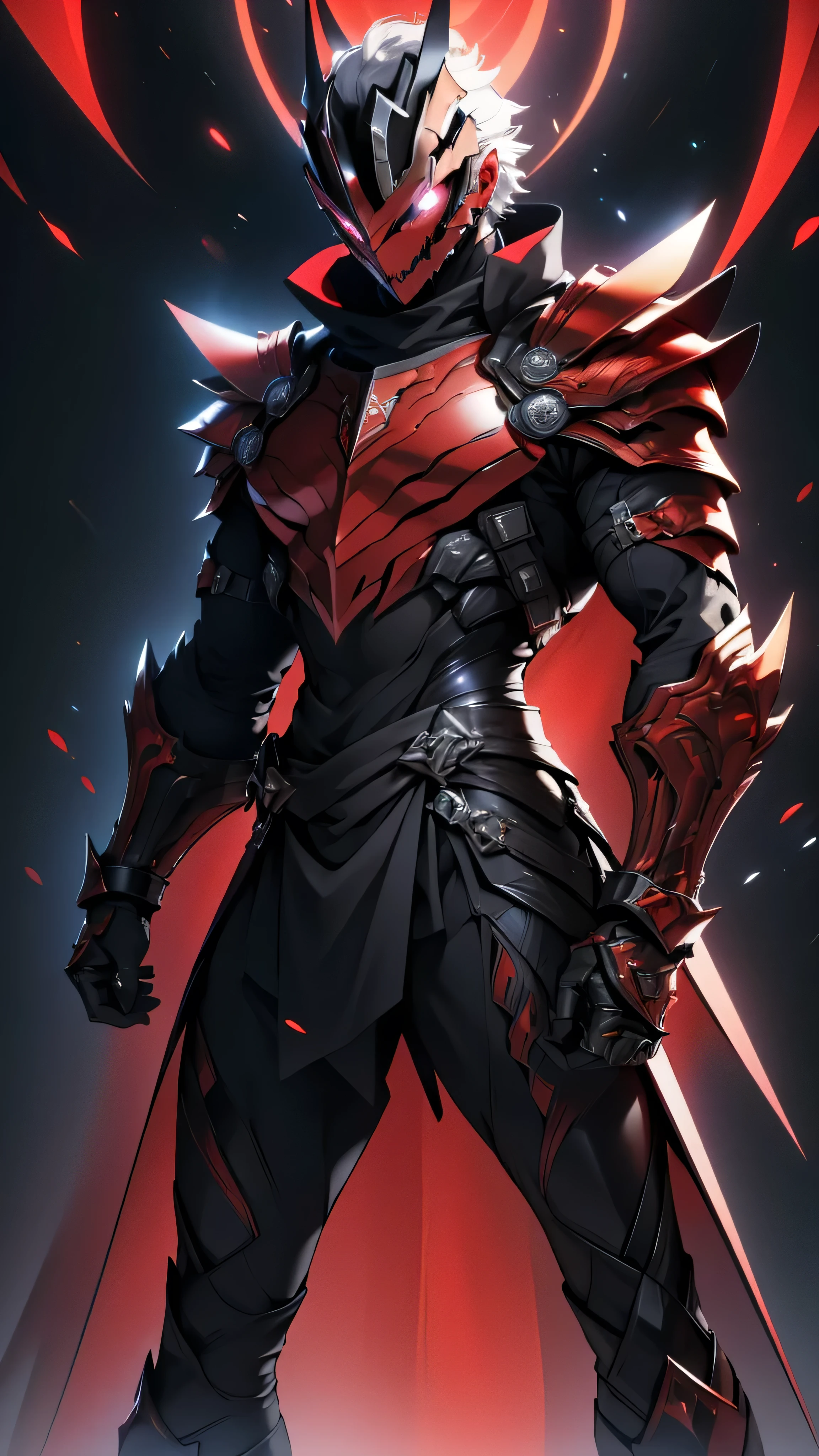 It’s a man. The image presents a dark, futuristic armor designed for Ken Kaneki, blending sleek tactical elements with a predatory appearance. The armor reflects his duality as both human and ghoul.

Helmet: The helmet is sleek black with sharp lines. A glowing red eye slit pierces through the visor, and the mouthpiece mimics Kaneki's ghoul mask, with jagged teeth adding a monstrous touch.

Mantle Plates (Shoulder Guards): The shoulder guards are close to the chest, curving toward the shoulders in a streamlined fashion. They feature black metallic surfaces with crimson veins, hinting at Kaneki’s ghoul power.

Chest Plate: The segmented chest plate has angular lines in black and red. A faint red glow emanates from the center, symbolizing his transformation. The design is protective and savage, mirroring his internal conflict.

Arm Guards: The arm guards are sleek, with articulated segments for flexibility. The gauntlets have claw-like extensions, giving them a predatory feel, as if part of Kaneki’s kagune.

Leg Armor: The legs are armored with black plates streaked with red veins. The boots are sharp and angular, built for speed and agility, reinforcing Kaneki’s deadly precision.

High Collar: A high collar rises from the back and sides, tightly encircling the neck. It integrates with the mantle plates, enhancing the armor’s menacing look.

Background: Set against a dark, foggy backdrop, with Tokyo’s skyline faintly visible. Red lighting emphasizes key features, such as the glowing eye slit and chest, reinforcing Kaneki’s ominous, ghoul-like presence.