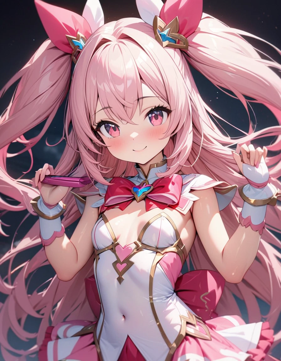 ((masterpiece)), ((highest quality)), (Super detailed), ((cute)), cute, (Lovely), ((sexy)), (device), ((Very detailed)), 4K, (8k), highest quality, (beautiful), One girl, , Shiny skin, Pink Hair, Long Hair, Both sides up, Pink Eyes, Magical girl, , Small breasts, smile, Miracles of God, God&#39;s Beloved Daughter, Divine Light, God Bless, Holy Virgin, (Perfect Anatomy:1.3), beautiful手, beautiful fingers, ((PINK high leg leotard:1.3)), White ruffled skirt, Pink gloves with white frills, Pink knee-high socks, Hair tied with a red ribbon, magic circle, Pink magic light, Starlight, Pink Crystal, shine, Black background, Dynamic pose, Dynamic Angle, Cowboy Shot,By God, ((masterpiece)), ((highest quality)), (Super detailed), ((cute)), cute, (Lovely), ((sexy)), (device), ((Very detailed)), 4K, (8k), highest quality, (beautiful)