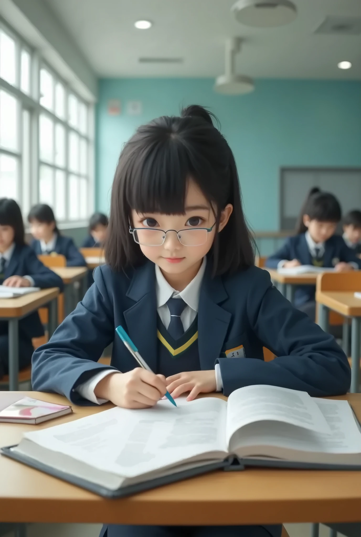 *********** 、Elementary school girl、Red-rimmed glasses、School classroom、Sit on a chair、close-up of face from the front、A creepy otaku next to me、