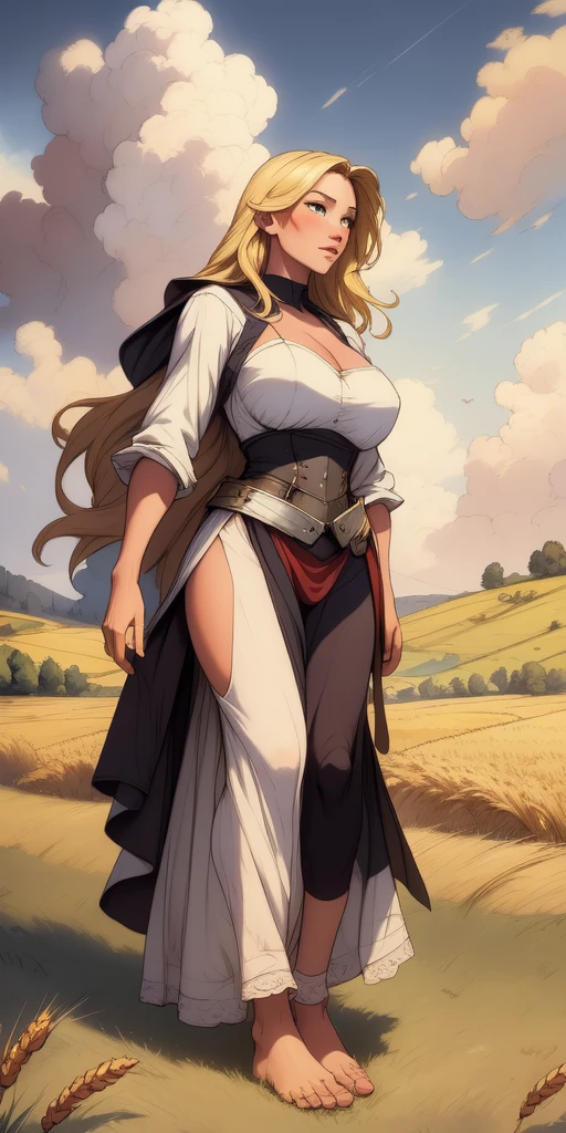 stunning painting of a knight with blonde hair, wheat field, epic clouds ((painterly)) ((impressionist)) vibrant, soft edges (((warm glow))) full body whole body view from below 1sologirl, feet together