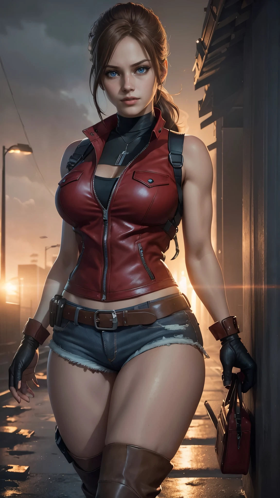 Claire redfield da resident evil,(best quality, 4K,8k,high resolution,work of art:1.2)(weather: sunset), city ruins background, police station, wide hips, long curly hair, short ponytail hair, brown hair, freckles, sleeveless top, short sleeve red jacket, blue denim shorts, bodysuit, harness, tall boots, fingerless gloves, light makeup, dark eyeshadow, flirting pose, ultra detailed,portrait,realistic,beautiful detailed blue eyes, beautiful detailed lips,extremely detailed eye and face, long eyelashes,average, large breasts,flying hair,beaming smile, sexy smile, powerful girl, bright coloured, dramatic lighting, smoke,