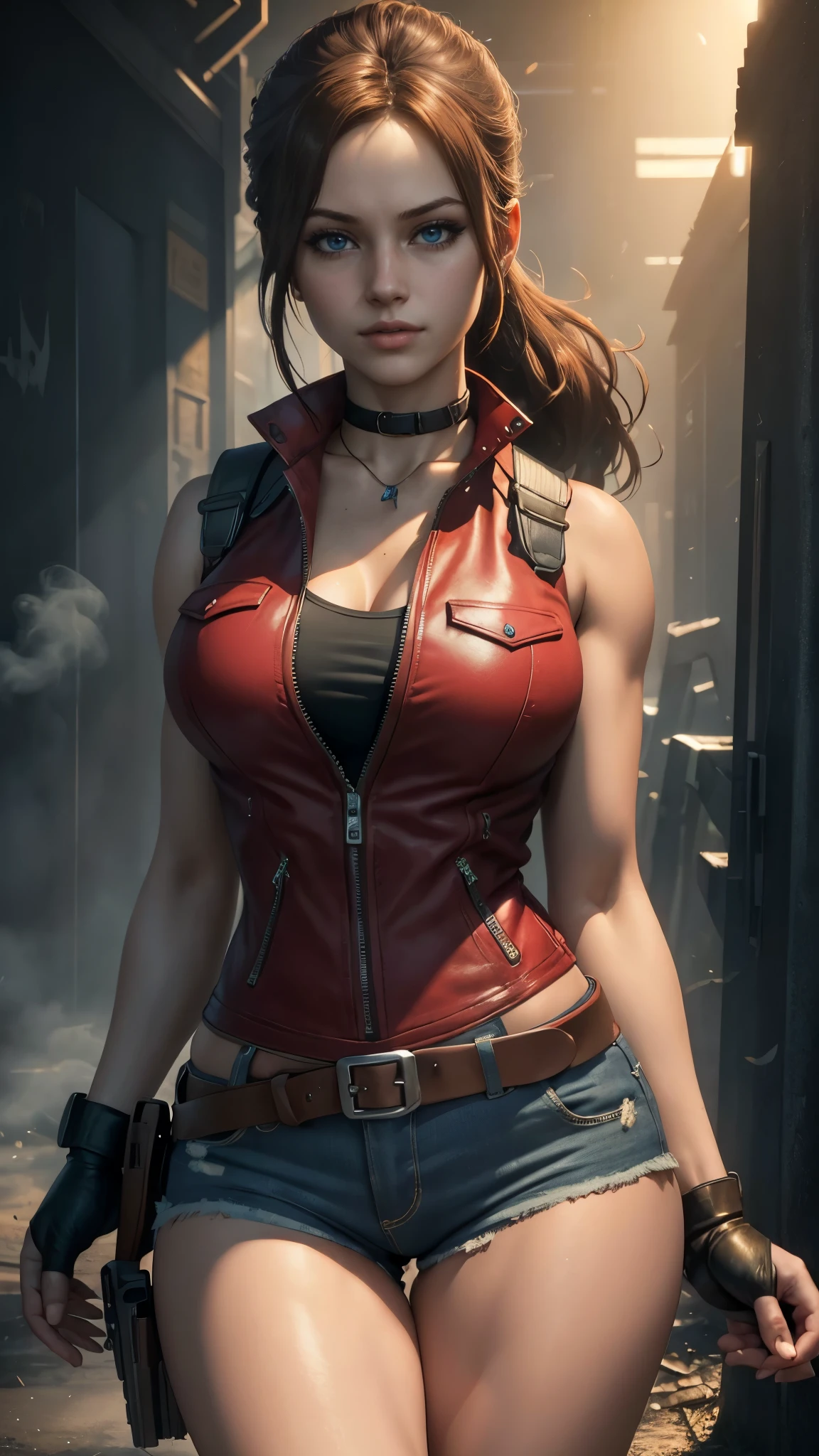 Claire redfield da resident evil,(best quality, 4K,8k,high resolution,work of art:1.2)(weather: sunset), city ruins background, police station, wide hips, long curly hair, short ponytail hair, brown hair, freckles, sleeveless top, short sleeve red jacket, blue denim shorts, bodysuit, harness, tall boots, fingerless gloves, light makeup, dark eyeshadow, flirting pose, ultra detailed,portrait,realistic,beautiful detailed blue eyes, beautiful detailed lips,extremely detailed eye and face, long eyelashes,average, large breasts,flying hair,beaming smile, sexy smile, powerful girl, bright coloured, dramatic lighting, smoke,