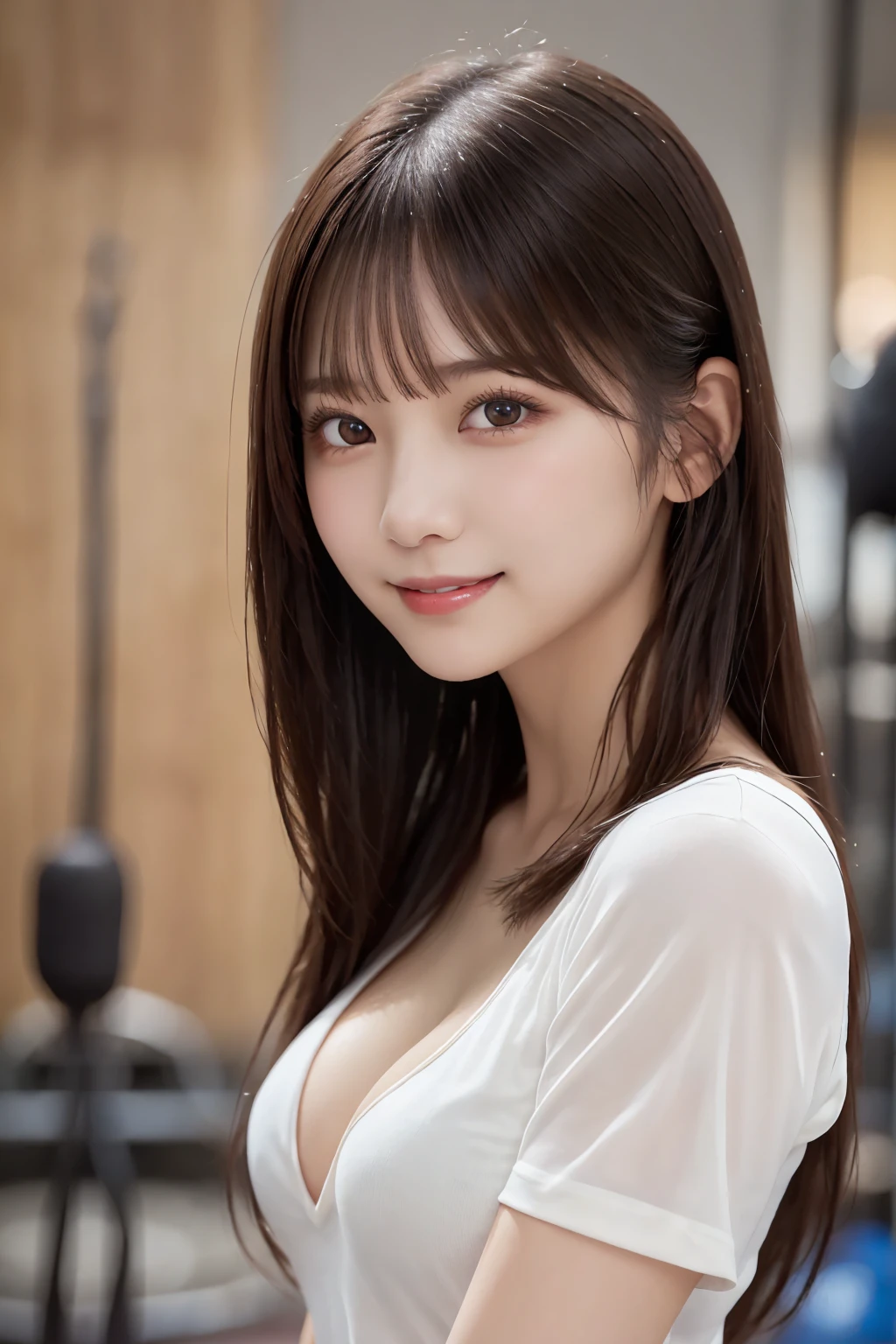  white t-shirt、Ultra mini skirt、Complex and beautiful eyes, woman, (stand up : 2.0)、Womanly black hair、(Delicate and realistic hair、1 bottle１Realistic hair)、bangs, Natural Color Lip、(smile : 1.3)、(White indoor : 1.4)、((18歳woman:1.2))、Young and adorable Japanese face, Official Art, Highly detailed CG Unity 8k wallpaper，（masterpiece:1.0),(Best Quality:1.0), 超High resolution,4K,Very detailed, photo shoot, 8k, nsfw, High resolution, Kodak Portrait 400, Film Grain, Lens flare glow, 高いest quality, 8k ,Portrait Shot, 8k、Show Viewer, (Front View : 1.5), ((Facing))、Body facing forward, Bold cleavage, Firm breasts, Small face, Highest quality, Super beautiful images, yellow race, (upper body : 2.0), (Large Breasts : 1.1)