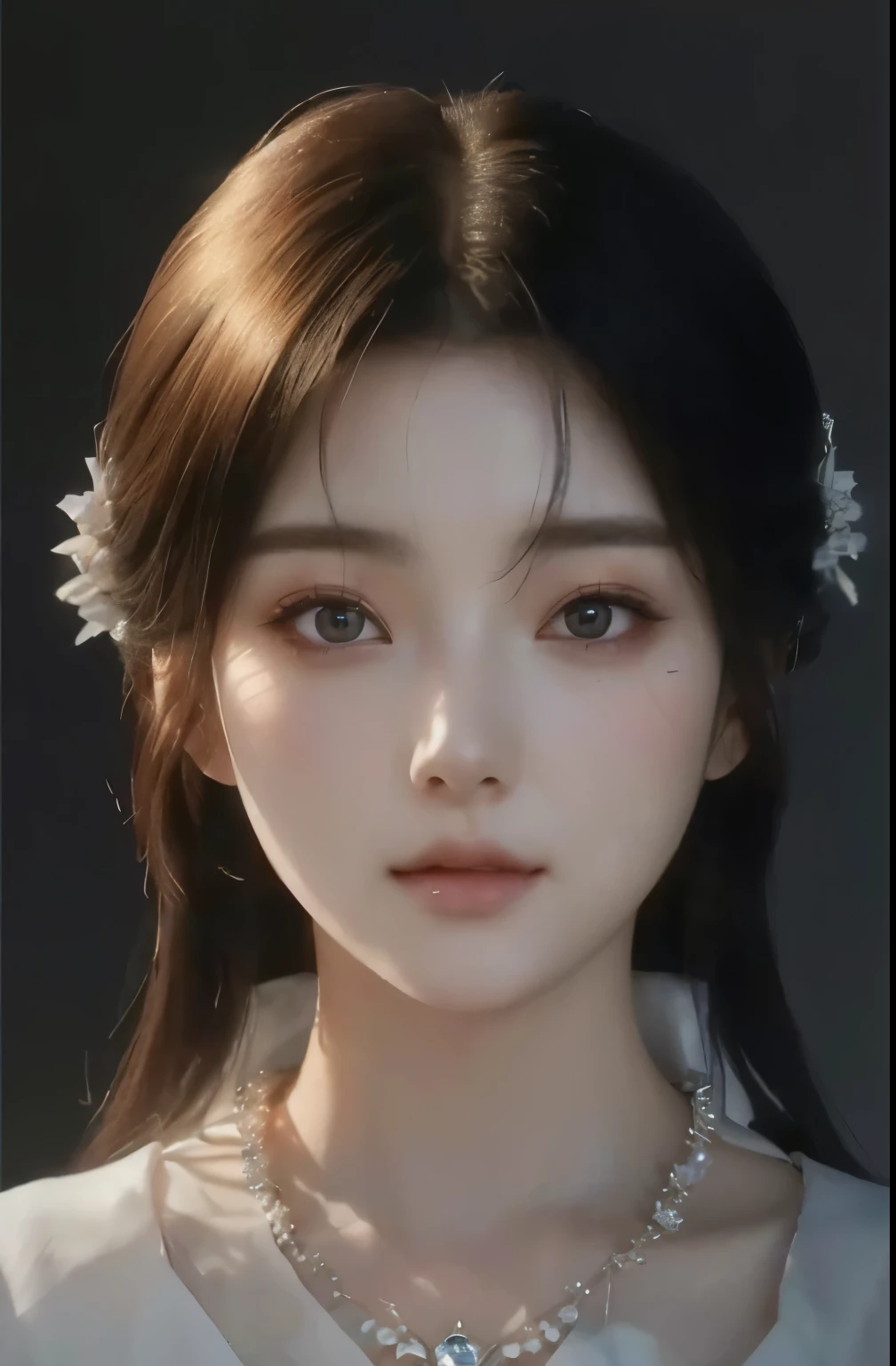 society . Woman with long hair, wearing a realistic {x} white dress and necklace., Realistic anime 3 d style, round face, Guweiz style artwork , 3 d anime Realistic, Anime realism, Beautiful character drawings, Anime realism style, Amazing animated face portraits, Realistic. The castle's , beautiful and Realistic face, lovely delicate face, beautiful Realistic face, hyper Realistic anime