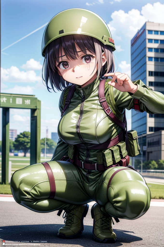 masterpiece, Highest quality, Absurd, High resolution, Very detailed, One Girl, alone, Cowboy Shot, ((IJA Taisho, Khaki uniform, Combatant,Golden Sling,General Positions, 左chestにメダル,)),Black long boots,medium chest,  chest,  Tight waist,  Black Hair,  Blunt bangs, Red eyes, Conceit,Wicked Smile,  White gloves, holster, Leather Belt Pouch, Abandoned city, Dilapidated Street, combustion, Night Sky, battlefield, crater,chestをはだけさせる、Fascinating face、Stick your ass up here、Expand the vagina with both hands、Showing anus,Wet pussy,squat