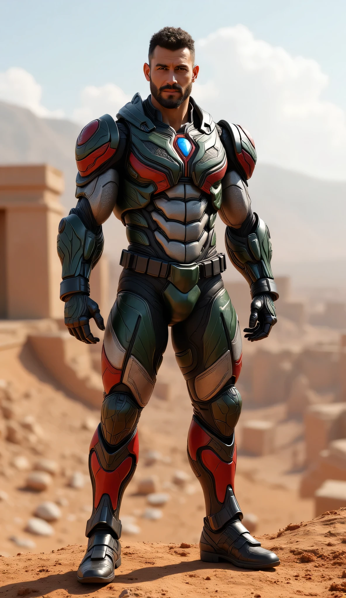 Create a realistic image of a male superhero inspired by Marvel-style characters, combining modern and tactical armor design with elements of Iranian culture, mythology, and national symbols. The superhero wears a sleek, high-tech suit with intricate patterns inspired by Persian art, blending shades of green, white, and red from the Iranian flag. His armor features advanced, tactical enhancements like energy shields and retractable blades. The design includes symbols like the Faravahar, representing strength and wisdom, integrated into the armor. The character stands in a powerful, dynamic pose, reminiscent of classic superhero stances, with a confident expression. The background showcases a vast desert landscape with ancient Persian ruins, highlighting his deep connection to heritage and history. The scene is captured in a wide shot, giving a sense of grandeur and scale, emphasizing both the character's presence and the rich cultural backdrop.