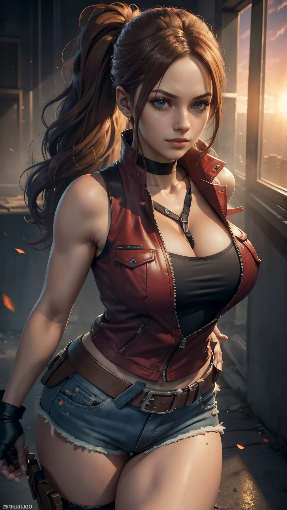 Claire redfield da resident evil,(best quality, 4K,8k,high resolution,work of art:1.2)(weather: sunset), city ruins background, police station, wide hips, long curly hair, short ponytail hair, brown hair, freckles, sleeveless top, short sleeve red jacket, blue denim shorts, stockings, harness, boots, fingerless gloves, light makeup, dark eyeshadow, flirting pose, ultra detailed,portrait,realistic,beautiful detailed blue eyes, beautiful detailed lips,extremely detailed eye and face, long eyelashes,average, large breasts,flying hair,beaming smile, sexy smile, powerful girl, bright coloured, dramatic lighting, smoke,