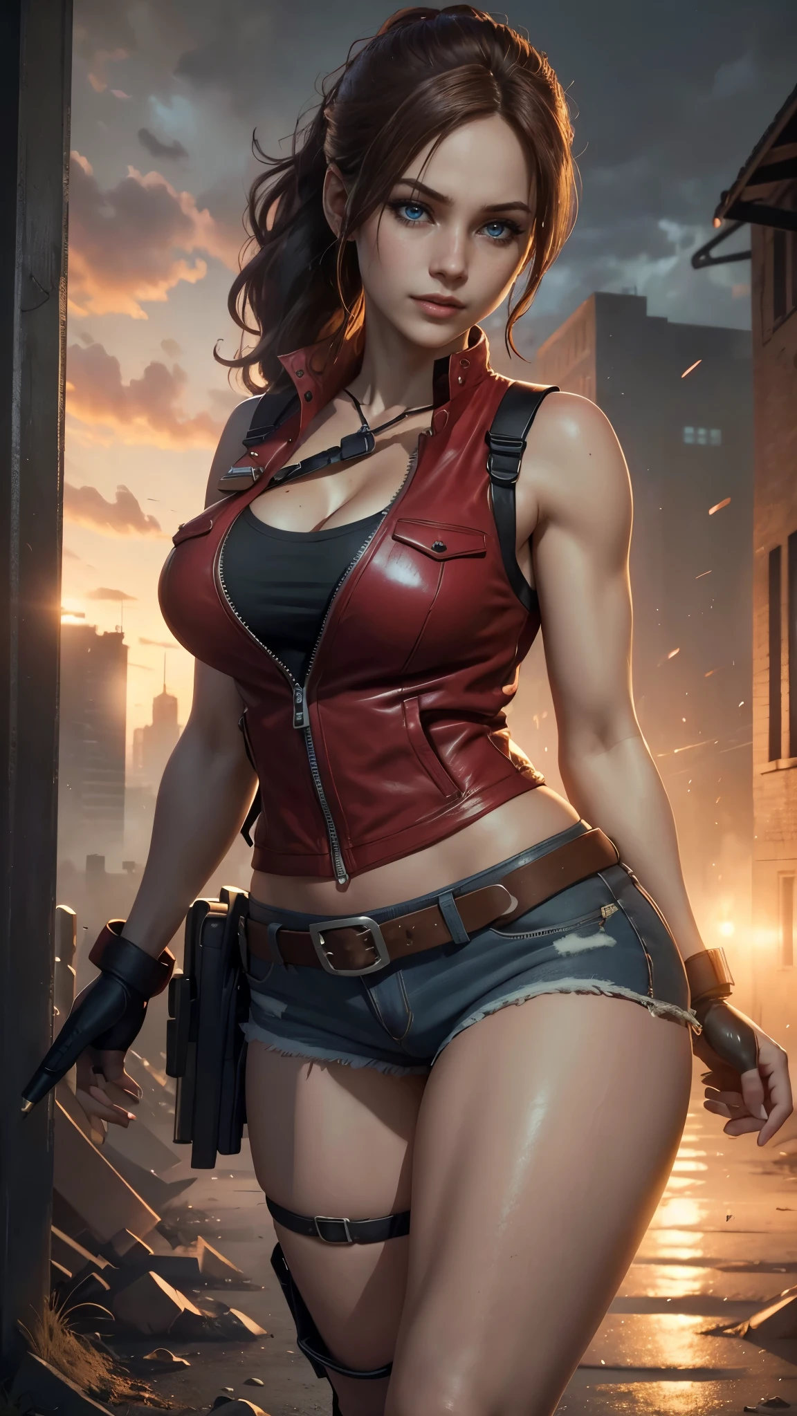 Claire redfield da resident evil,(best quality, 4K,8k,high resolution,work of art:1.2)(weather: sunset), city ruins background, police station, wide hips, long curly hair, short ponytail hair, brown hair, freckles, sleeveless top, short sleeve red jacket, blue denim shorts, stockings, harness, boots, fingerless gloves, light makeup, dark eyeshadow, flirting pose, ultra detailed,portrait,realistic,beautiful detailed blue eyes, beautiful detailed lips,extremely detailed eye and face, long eyelashes,average, large breasts,flying hair,beaming smile, sexy smile, powerful girl, bright coloured, dramatic lighting, smoke,