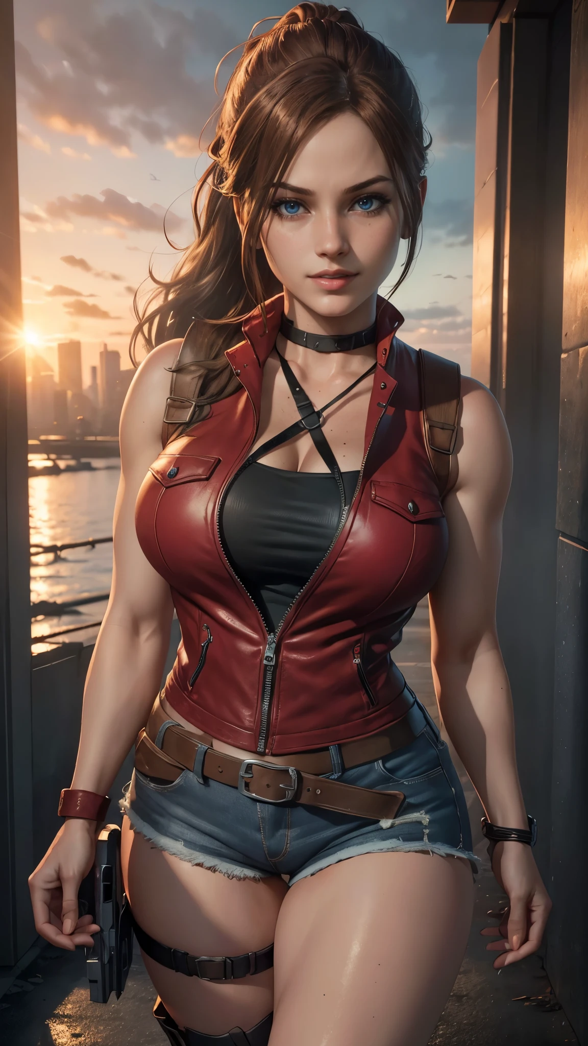 Claire redfield da resident evil,(best quality, 4K,8k,high resolution,work of art:1.2)(weather: sunset), city ruins background, police station, wide hips, long curly hair, short ponytail hair, brown hair, freckles, sleeveless top, short sleeve red jacket, blue denim shorts, stockings, harness, boots, fingerless gloves, light makeup, dark eyeshadow, flirting pose, ultra detailed,portrait,realistic,beautiful detailed blue eyes, beautiful detailed lips,extremely detailed eye and face, long eyelashes,average, large breasts,flying hair,beaming smile, sexy smile, powerful girl, bright coloured, dramatic lighting, smoke,