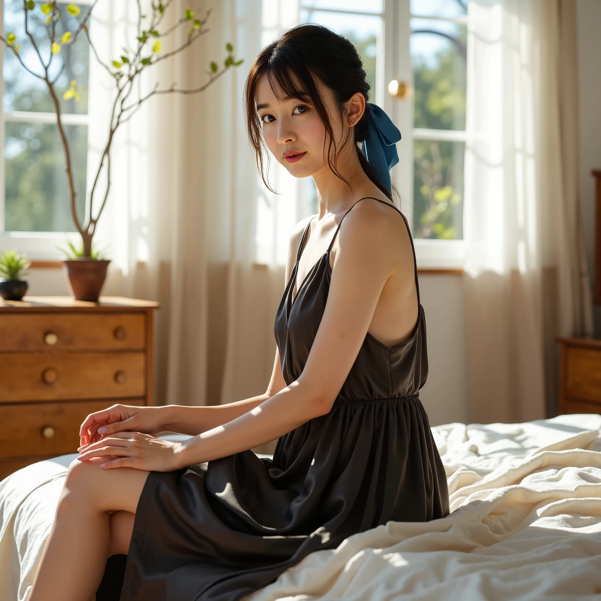 A highly detailed and realistic photo of an East-Asian woman sitting on the edge of a bed in a softly lit room.She is looking at the camera and  wearing a dark, elegant, sleeveless dress made of a satin-like fabric that catches the soft sunlight filtering through the window. The light highlights the gentle folds of her dress and casts delicate shadows on her bare arms and legs. Her dark hair is loosely tied back with a blue ribbon, and a few strands frame her face as she gazes thoughtfully downward. The room has a warm and peaceful atmosphere, with sunlight streaming through large windows draped with sheer white curtains that softly sway in the breeze. The window frames and wooden furniture, including a dresser with small potted plants on top, give the room a natural and cozy feel. Outside the window, tree branches can be seen, and the sunlight creates dappled patterns on the wooden floor. The overall ambiance of the room is serene and tranquil, filled with soft light and natural textures.