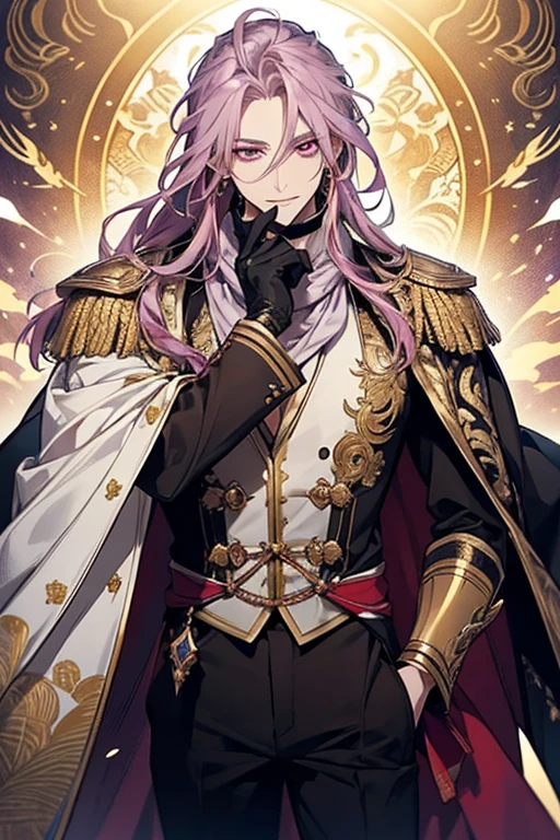 (1 person、good looking、cool、male)(masterpiece、Best Quality、 beautiful illustrations)Purple long flowing hair、coolなイケメンmale、Beautiful red eyes、Includes a flowing white coat adorned with golden epaulettes that fold your arms and smile softly 。Characters in intricate costumes, Fantasy-style armor with a predominantly white and purple color scheme, With gold accents. This costume has、金色の肩章で飾られた流れるような白いコートが含まれています。,  black gloves, Black pants with purple and gold patterns. A purple cape and matching scarf flow gracefully., Enhances the overall look. The character stands confidently, Large, A decorative shield featuring a gold point and star motif. The background is clear, Emphasize the character&#39;s exquisite and dignified appearance.