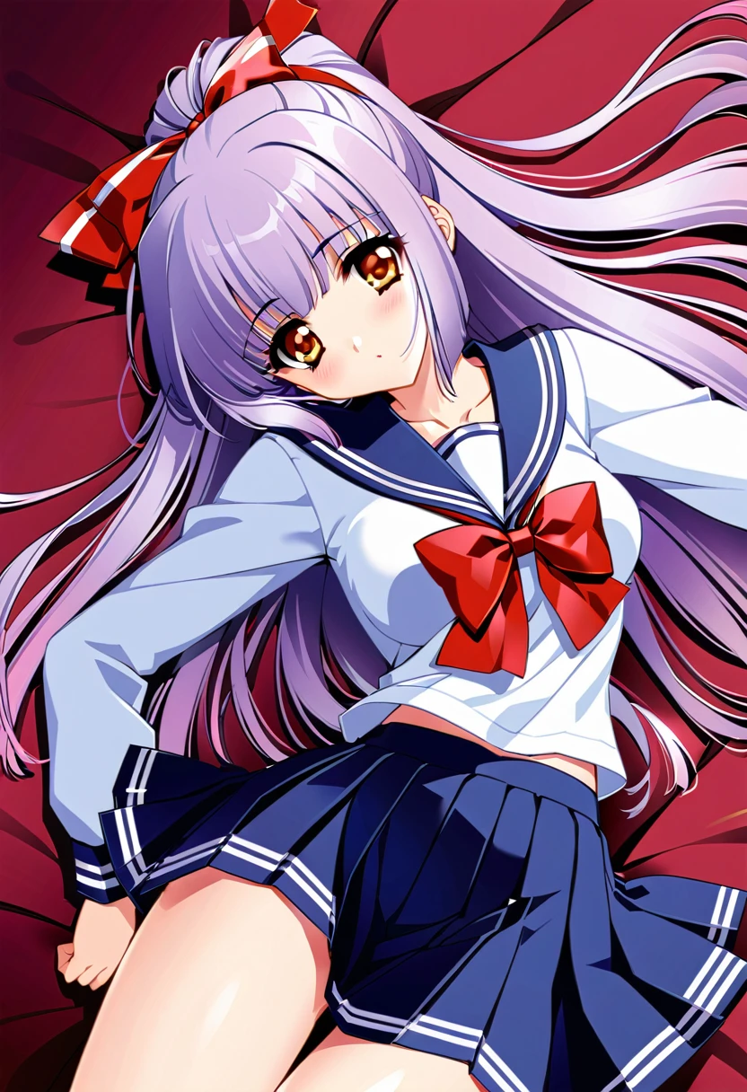 Suzuna Kuraki, 1 girl,Alone,、(Sailor suit、Navy Skirt)、Long Hair, ponytail,Red ribbon,(Purple Hair),,Orange Eyes,Western-style room:1.2、((( lies on her back on the bed 、Lie down)))、(( open your legs wide))、(Panty shot)、 cowboy shot、