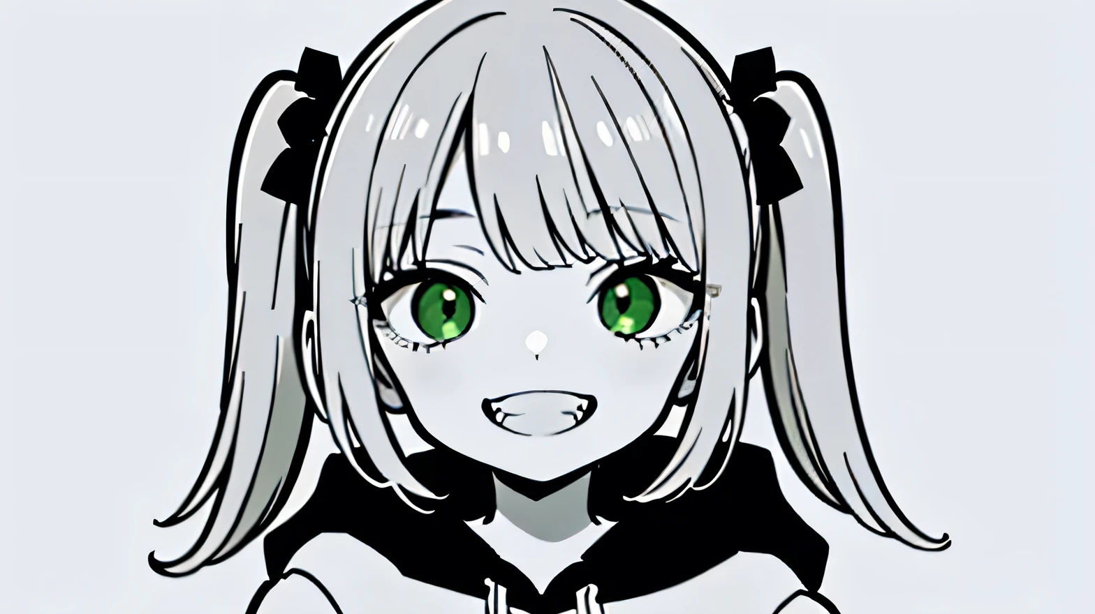 ((((ultra illustrated style:1.0)))),best quality, best animated, masterpiece, monochrome, flat color, white and green, 1girl, solo, twin tail, grin, hoodie, white background, looking at viewer, front view, from front, close up, simple background, portrait,