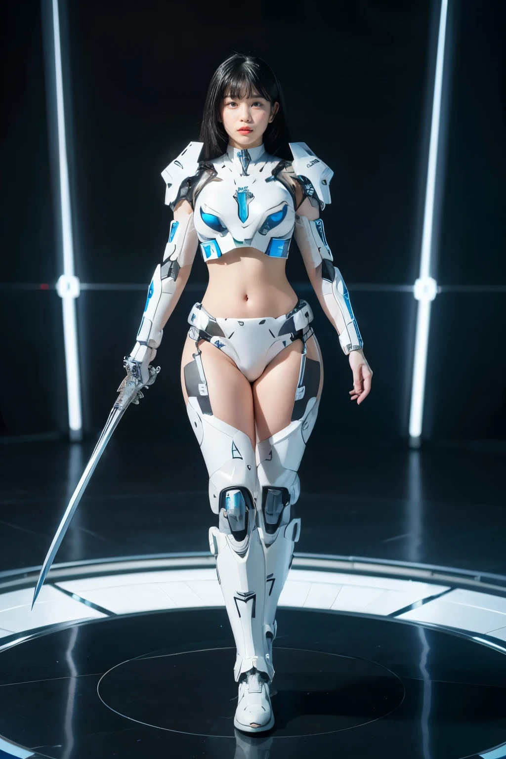 a woman in a futuristic suit with a sword,full-size photograph,Long legs, Slightly chubby,navel,Transparent skin,Perfect body shape,art feminine, Macro distance,mechanized valkyrie girl, ferra white mecha, girl in mecha cyber armor, female mecha, extremely detailed artgerm, echo from overwatch, Clear facial features,gorgeous female paladin,Advanced Rendering,depth of field