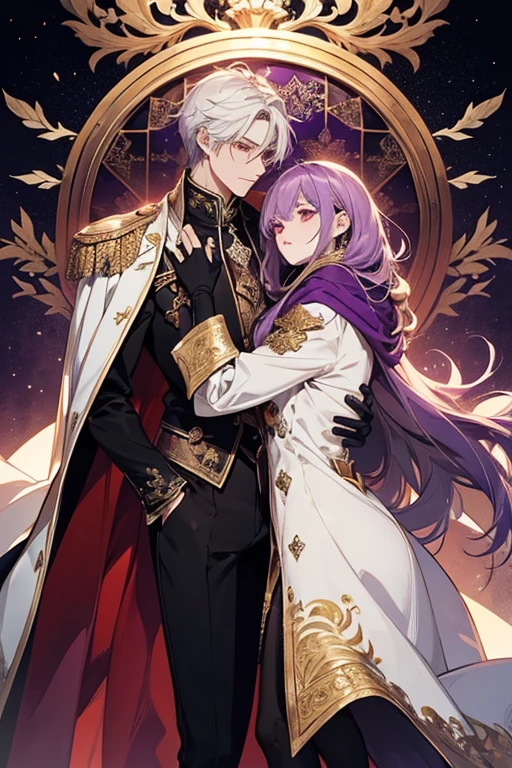 (1 person、good looking、cool、male)(masterpiece、Best Quality、 beautiful illustrations)Hugs and kisses women 、Purple long flowing hair、coolなイケメンmale、Beautiful red eyes、Characters in intricate costumes, Fantasy-style armor with a predominantly white and purple color scheme, With gold accents. This costume has、 includes a flowing white coat adorned with golden epaulettes。,  black gloves, Black pants with purple and gold patterns. A purple cape and matching scarf flow gracefully., Enhances the overall look. The character stands confidently, Large, A decorative shield featuring a gold point and star motif. The background is clear, Emphasize the character&#39;s exquisite and dignified appearance.