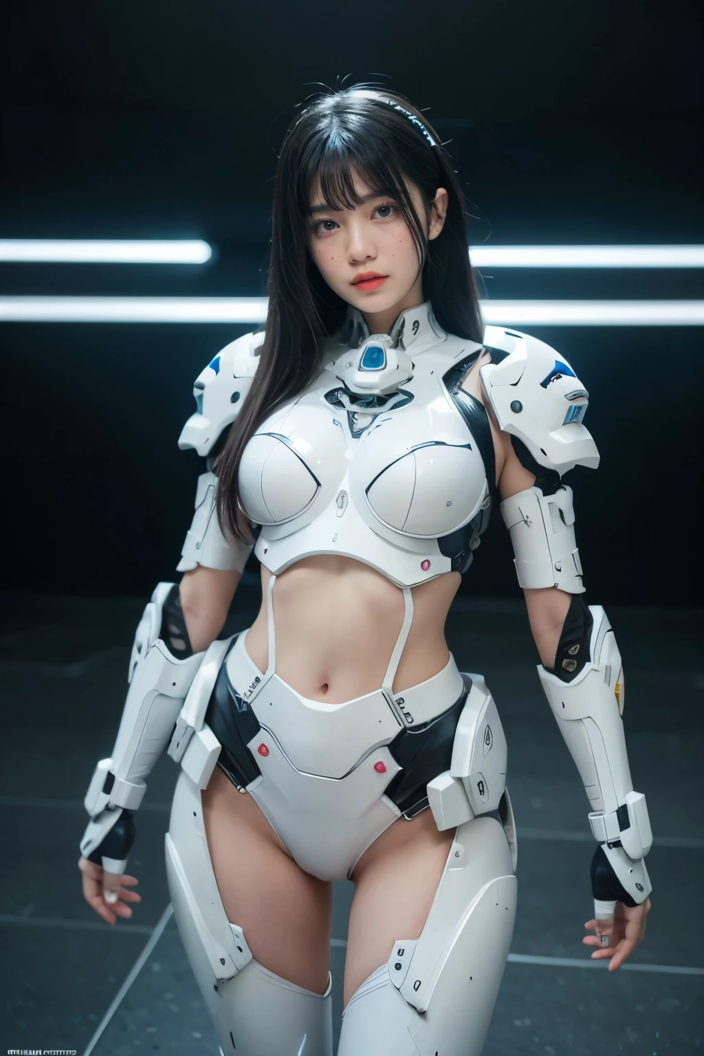 a woman in a futuristic suit with a sword,full-size photograph,Long legs, Slightly chubby,navel,Transparent skin,Perfect body shape,art feminine, Macro distance,mechanized valkyrie girl, ferra white mecha, girl in mecha cyber armor, female mecha, extremely detailed artgerm, echo from overwatch, Clear facial features,gorgeous female paladin,Advanced Rendering,depth of field