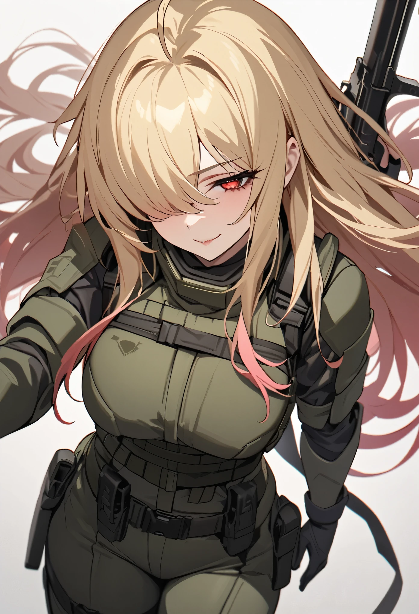 (high-quality, breathtaking),(expressive eyes, perfect face) 1girl, female, solo, mature, half open eyes, Alicization, Symmetrical Eyes, simple background, seductive smile, long hair, SAO inspired, maomao, armor, cowboy shot, medium full shot, light blonde hair, bangs, alluring red eyes, large breasts, hair between eyes, fluffy hair, half open eyes, hair over one eye, small Ahoge, pale blonde hair color, bright red eye color, straight hair, (NO braids in hair), belt, Gun Gale Online, sleek tactical suit in shades of green and black, bulletproof vest, gun holsters, military, gloves, pistol, white modern military outfit, tactical vest with pink accents
