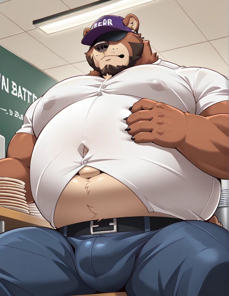 Nsfw, anthro daddy bear, male, brown fur color, beard, purple cap covering eyes, inflating, hyper belly, bulge, at all you can eat buffet, close up, frontview, kokuhane artstyle, bigger belly, ((fatter belly)),  ((aroused)), ((tight shirt)), ((horny)), ((sitting leaned back)), ((many empty plates around him)), ((tight button shirt)), ((more empty plates)), ((hyper belly)), fattest gut on earth, ((tight belt)), ((from below))