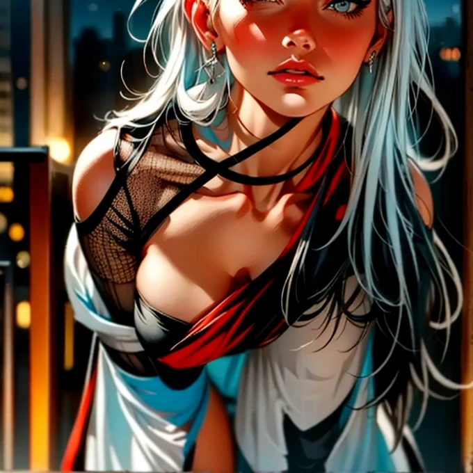 A captivating woman, 20 years old, with platinum hair, completely naked. Visible breasts and shaved pubis. She stands on a balcony overlooking the city at night, the soft glow of a lantern illuminating her figure.
​​Photorealistic, Hyperrealistic, Hyperdetail, Analog Style, Soft Lighting, Subsurface Scattering, Realistic, Heavy Shadow, Masterpiece, Best Quality, Ultrarealistic, 8k, Golden Ratio, Intricate, High Detail , film photography, soft focus