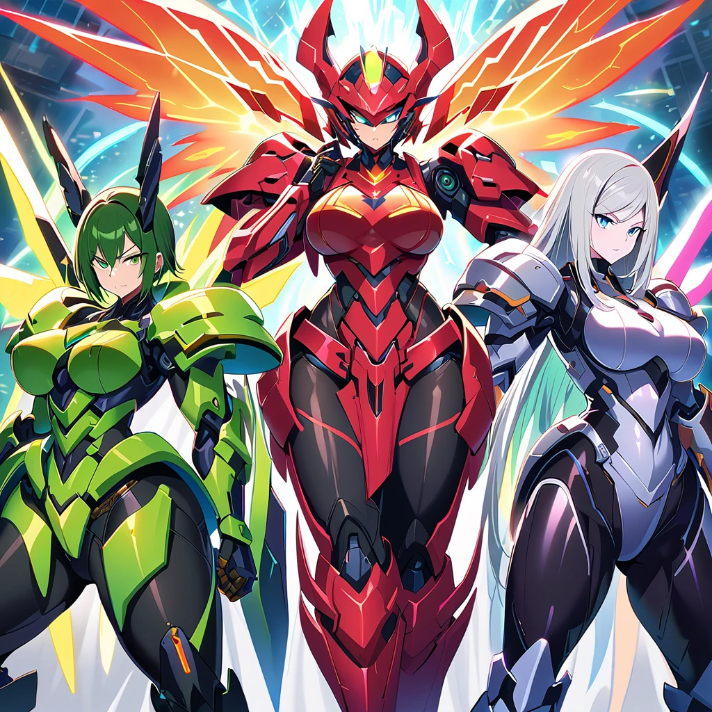 Anime, high detailed, multiple womans, mature womans, glassy-lighted green mecha armor, large mechanical wings, determined expression, large clawed Gauntlet, curvy body, long mechanical wings ,sheen aura、pale skin、blue Eyes, elongated pupils,  Mature Woman 、womans surrounding, sheen aura