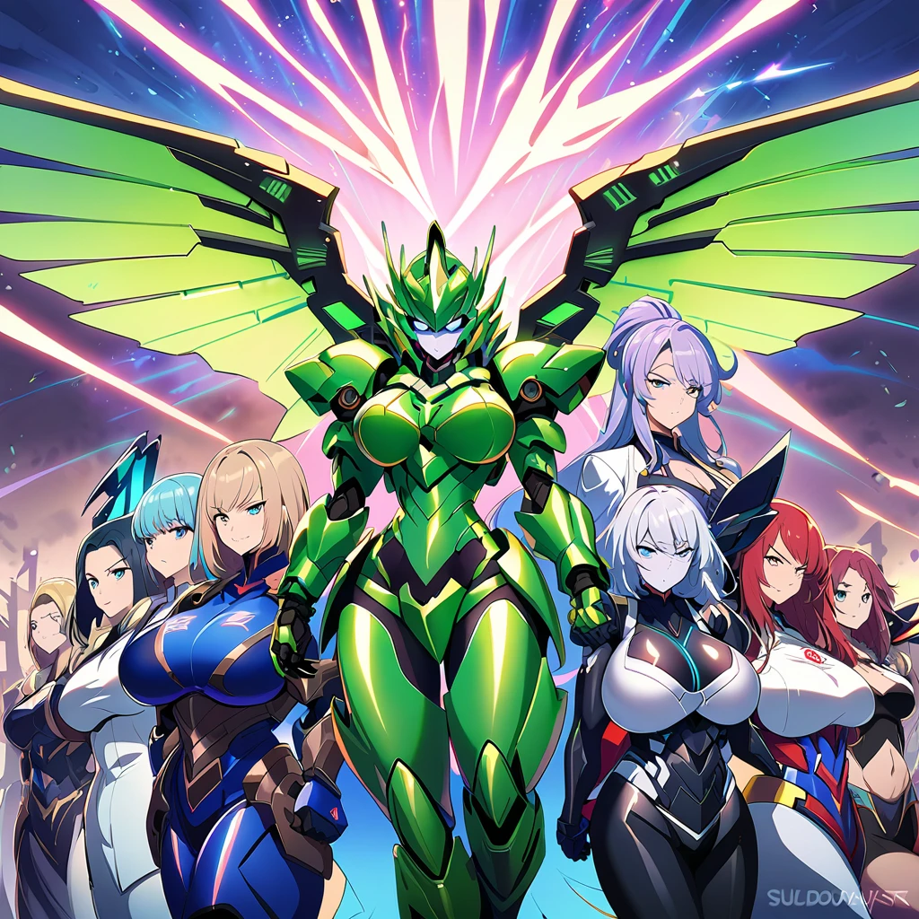 Anime, high detailed, multiple womans, mature womans, glassy-lighted green mecha armor, large mechanical wings, determined expression, large clawed Gauntlet, curvy body, long mechanical wings ,sheen aura、pale skin、blue Eyes, elongated pupils,  Mature Woman 、womans surrounding, sheen aura