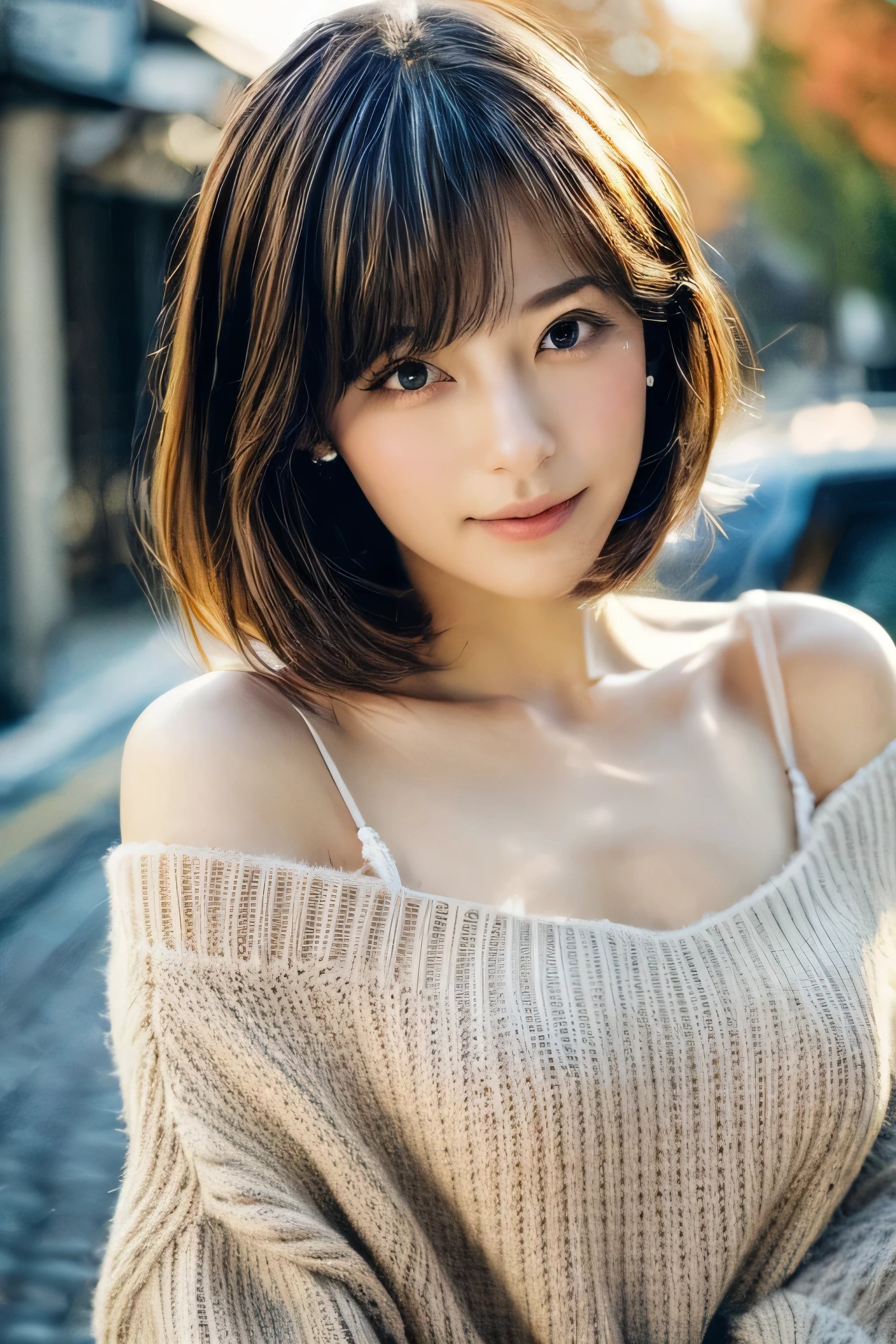 ((Best Quality)), ((masterpiece)), (detailed),  1 girl ,  off-shoulder sweater, 
1 girl, ( wear casual clothes for the fall season:1.2), Very beautiful Japanese idol portraits, (RAW Photos, Best Quality), (Realistic, Realistic:1.4), (masterpiece),  so delicate and beautiful, Very detailed, 2k wallpaper, wonderful, finely, Very detailed CG Unity 8K wallpaper, Super detailed, High resolution, Soft light, Beautiful detailed girl, Very detailed目と顔, Beautifully detailed nose, is beautifully fine, Cinema Lighting, (Around town:1.3), (short hair), ( split bangs ), Complete Anatomy, Slender body, Small breasts, smile、The pupils of the eye are expressed finely down to the smallest detail 、 eyelashes are expressed finely down to the smallest detail、 express the light reflected in the eyes more realistically、Express shadows more realistically 、 the texture of the hair is realistic to the limit 、The texture of the skin is too matte, so it has a more realistic texture、 upscaled 4 times to a more realistic texture, adjust it to be more realistic with the highest image quality