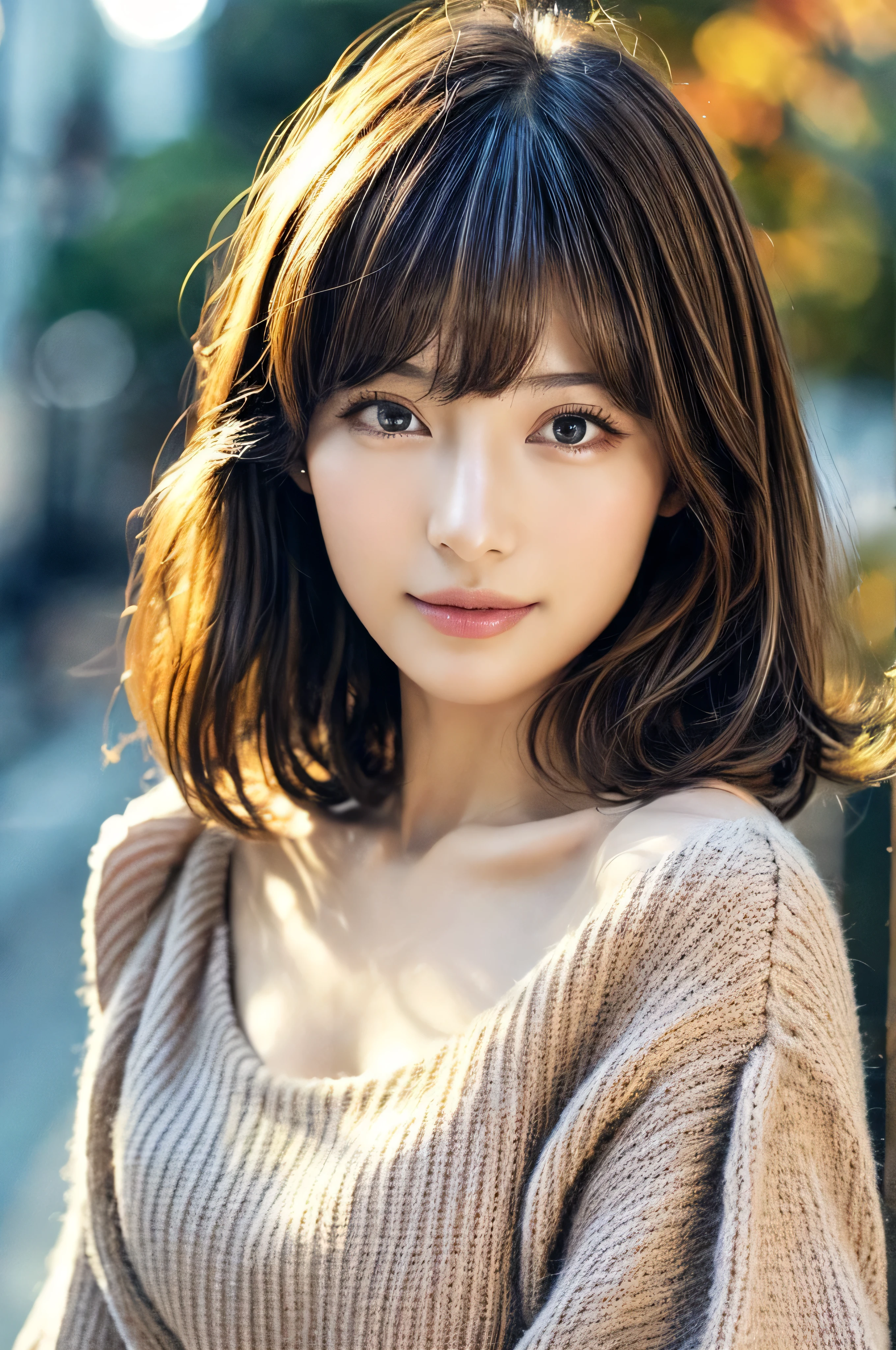 ((Best Quality)), ((masterpiece)), (detailed),  1 girl ,  off-shoulder sweater, 
1 girl, ( wear casual clothes for the fall season:1.2), Very beautiful Japanese idol portraits, (RAW Photos, Best Quality), (Realistic, Realistic:1.4), (masterpiece),  so delicate and beautiful, Very detailed, 2k wallpaper, wonderful, finely, Very detailed CG Unity 8K wallpaper, Super detailed, High resolution, Soft light, Beautiful detailed girl, Very detailed目と顔, Beautifully detailed nose, is beautifully fine, Cinema Lighting, (Around town:1.3), (short hair), ( split bangs ), Complete Anatomy, Slender body, Small breasts, smile、The pupils of the eye are expressed finely down to the smallest detail 、 eyelashes are expressed finely down to the smallest detail、 express the light reflected in the eyes more realistically、Express shadows more realistically 、 the texture of the hair is realistic to the limit 、The texture of the skin is too matte, so it has a more realistic texture、 upscaled 4 times to a more realistic texture, adjust it to be more realistic with the highest image quality