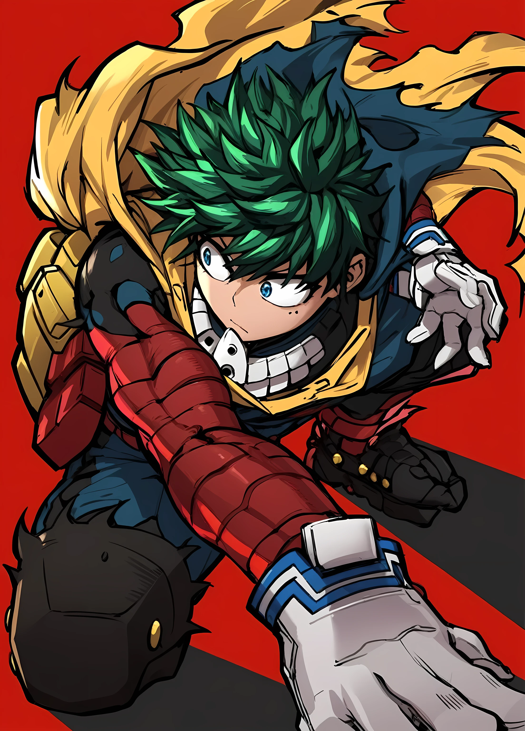 (Alone, Green or black hair High resolution, necessary, Anatomically correct, The best quality, Detail, Details altos, High quality, quality, Very detailed, necessary, handsome man, blue eyes, layer of color between cream and yellow y unos tentáculos negros o verdes , puño brillante, puñetazo, mano cerrada , ojos verdes brillantes, pupilas azules