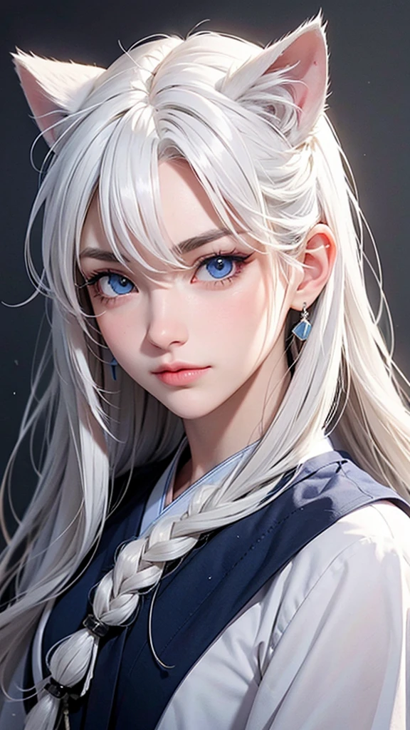 light white hair, rhombus stripe, asymmetrical hair, hair behind the ear, long hair, wavy hair, blue eyes, Cat students, eyebrows behind hair, cat ears, serious, Facial hair, close up, Ultra HD,  Anatomically correct ,  textured skin , tall details, 1080P, traditional Japanese clothing