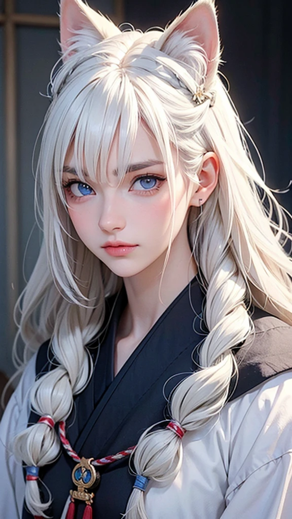 light white hair, rhombus stripe, asymmetrical hair, hair behind the ear, long hair, wavy hair, blue eyes, Cat students, eyebrows behind hair, cat ears, serious, Facial hair, close up, Ultra HD,  Anatomically correct ,  textured skin , tall details, 1080P, traditional Japanese clothing